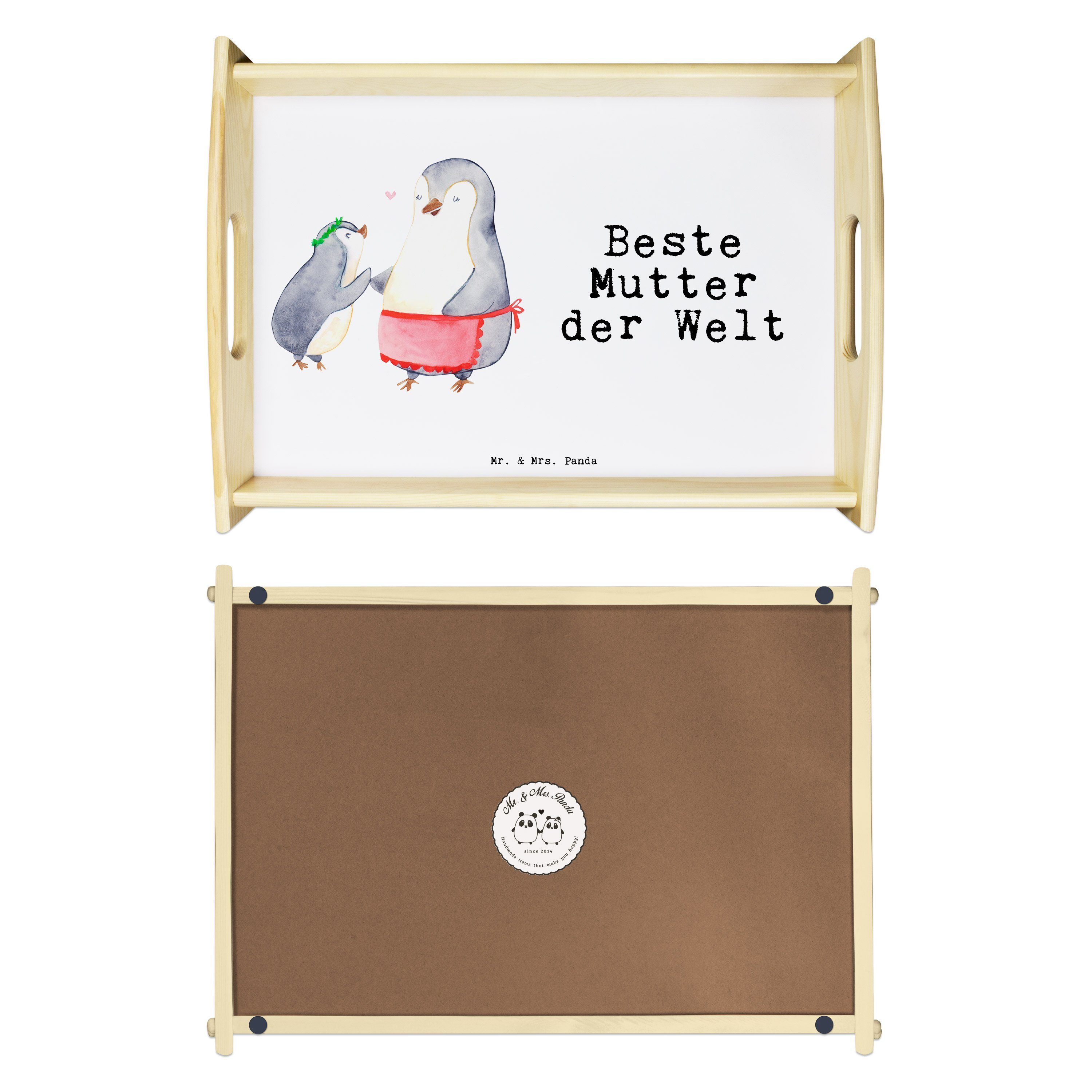 Mr. & Mrs. Panda Tablett Pinguin Dekotablett, Weiß Beste - Geschenk, lasiert, Tablett, der Echtholz Mutter - (1-tlg) Welt