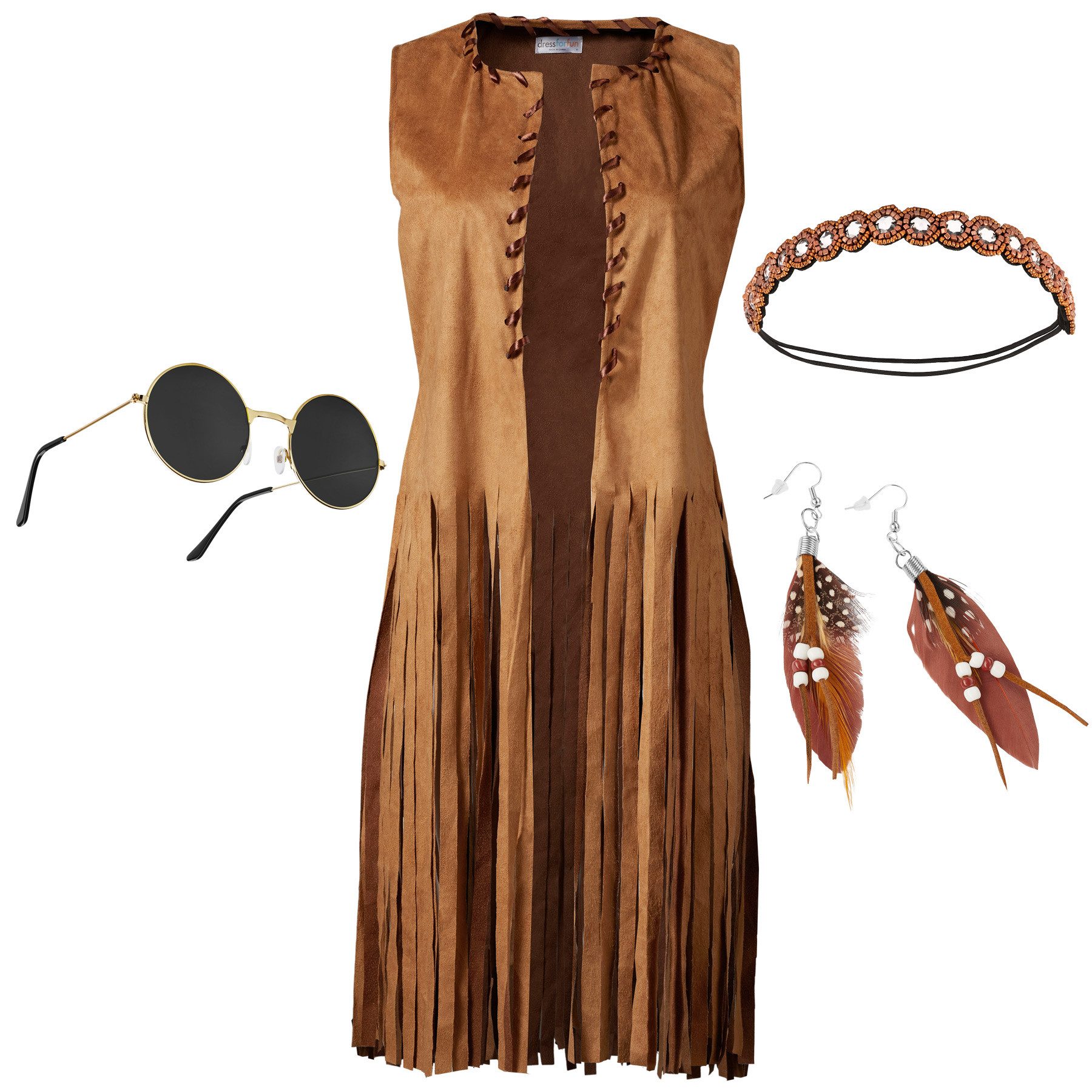 dressforfun Hippie-Kostüm Damenkostüm, Braune Weste mit tollen Accessoires.