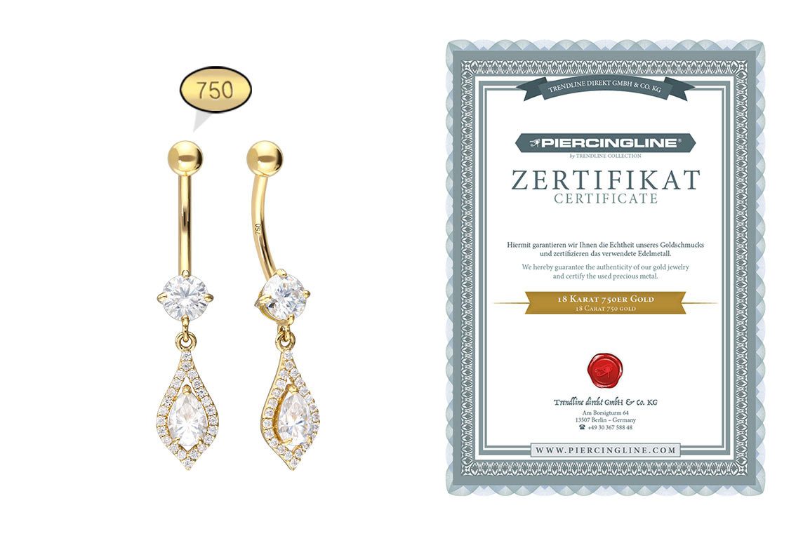 PIERCINGLINE Bauchnabelpiercing 18 Karat Gold Bananabell MOISSANIT-TROPFEN (Bananabells, 1-tlg)
