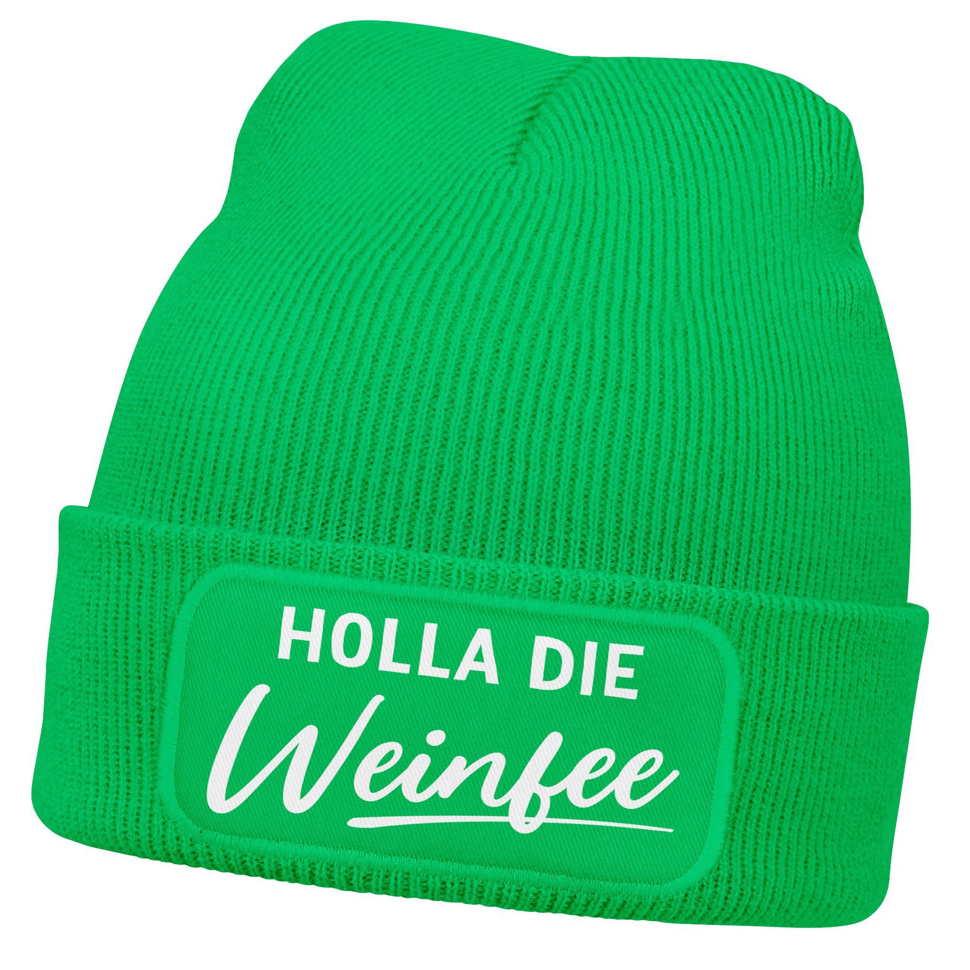 Strickmütze Damen Beanie mit Patch Strickmütze mit Spruch Holla die Weinfee