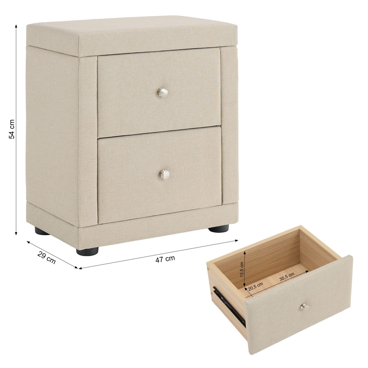 Homestyle4u Nachttisch mit 2 Schubladen Stoff Grau Beige 1 /2er Set Nachtkonsolen Kommode (1-St)