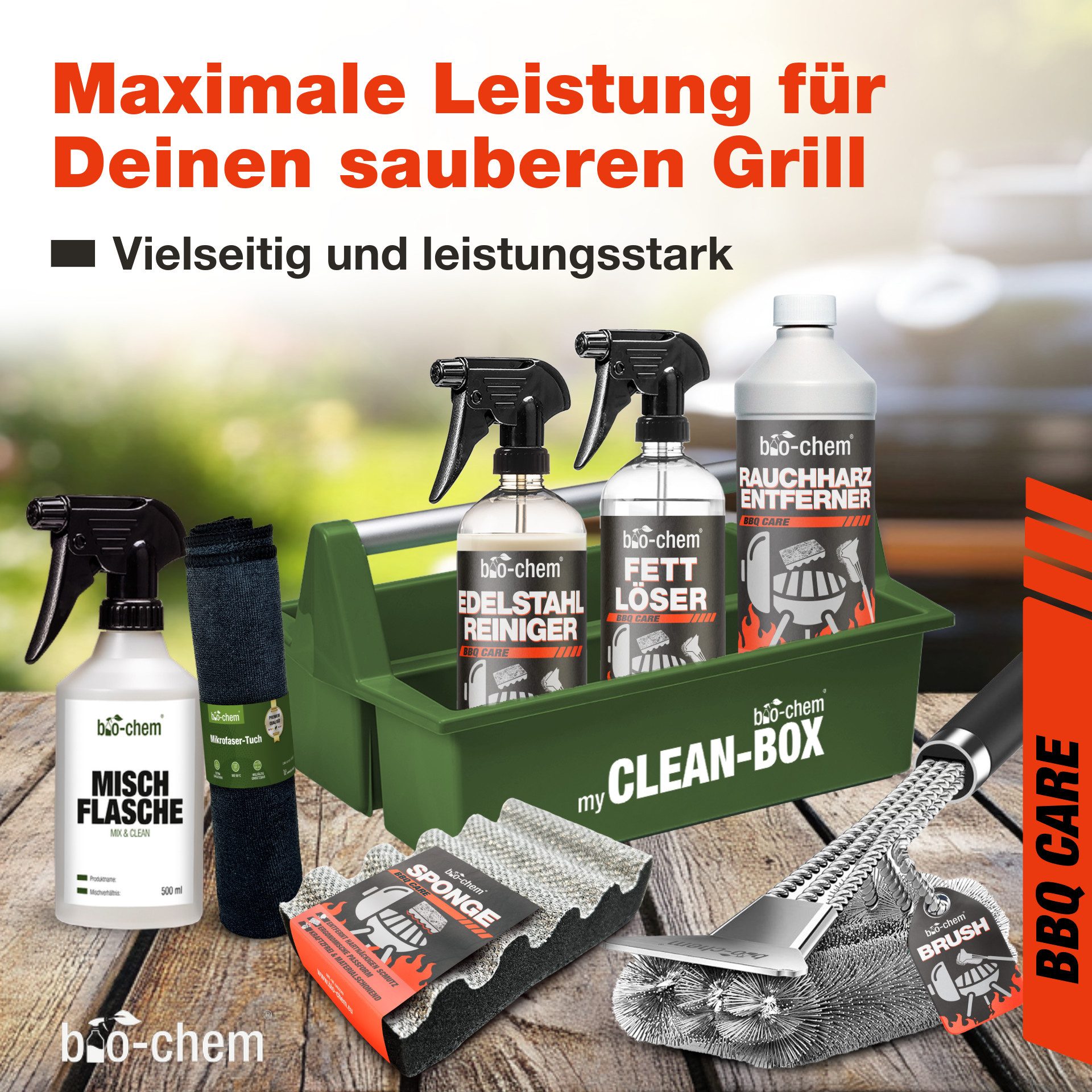 bio-chem Засіб для чищення гриля SET 8-teilig – Komplett-Set für Reinigung & Pflege Засіб для чищення гриля (Sparpaket, [- Grillreinigung PREMIUM-SET 8-teilig 8-teiliges Set mit Reinigern & Zubehör)