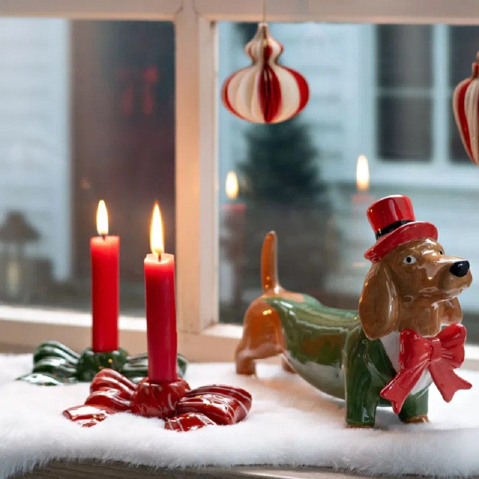 Interdesign24 Kerzenhalter 2er-Set Keramik Schleife in Rot und Grün günstig online kaufen