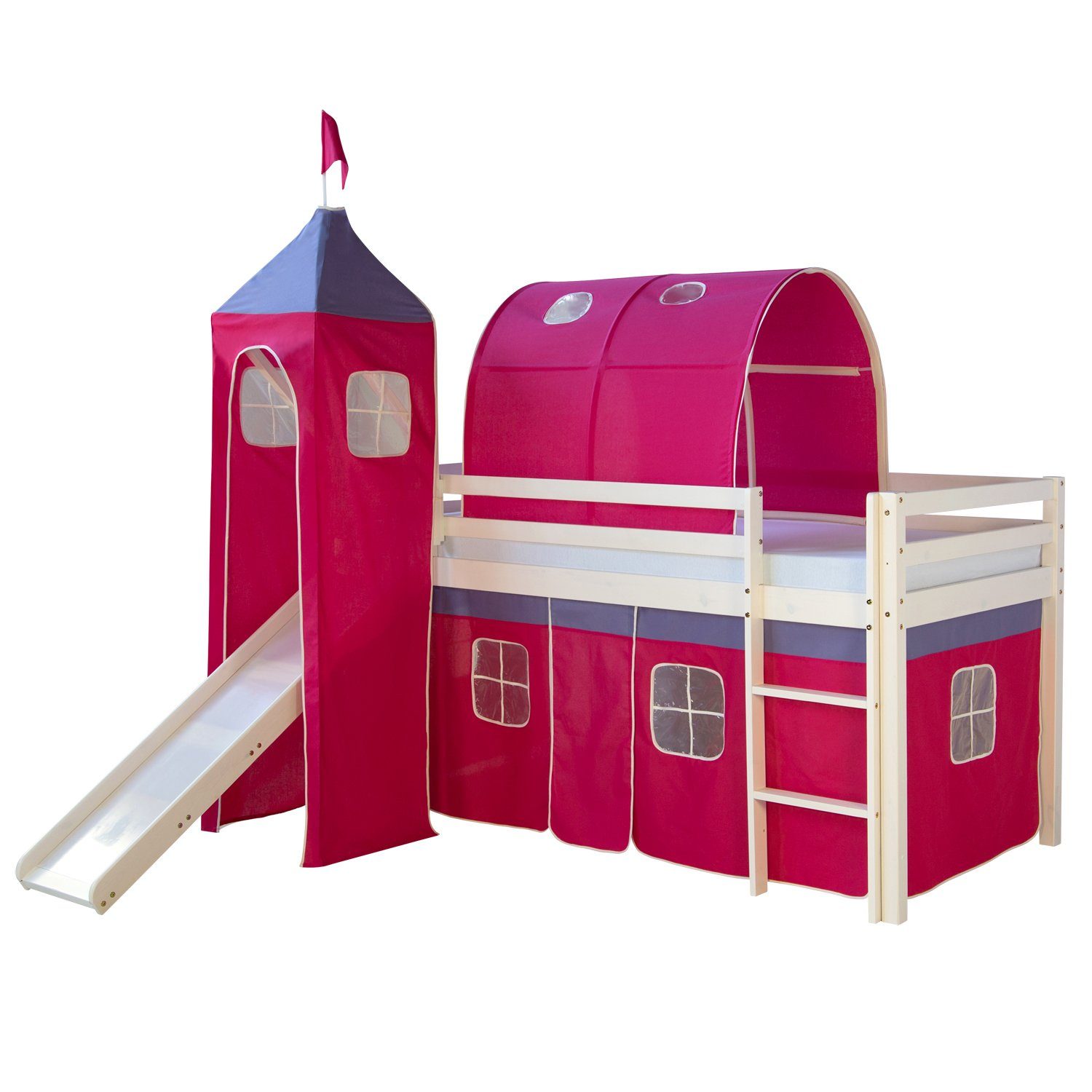 Homestyle4u Hochbett 90x200 mit Vorhang Lattenrost Rutsche Tunnel und Turm günstig online kaufen