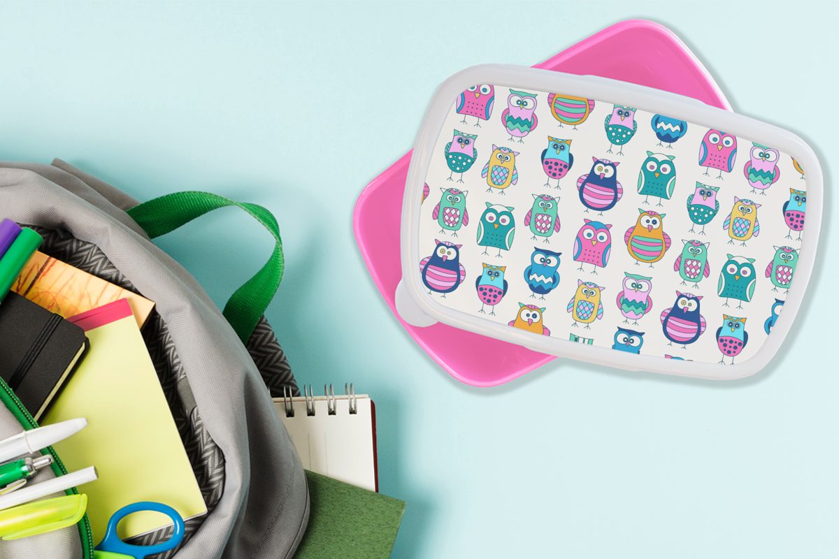 Kunststoff, Brotbox Erwachsene, - rosa - Eule Mädchen, MuchoWow für (2-tlg), Snackbox, Cartoon, Regenbogen Kunststoff Kinder, Brotdose Lunchbox