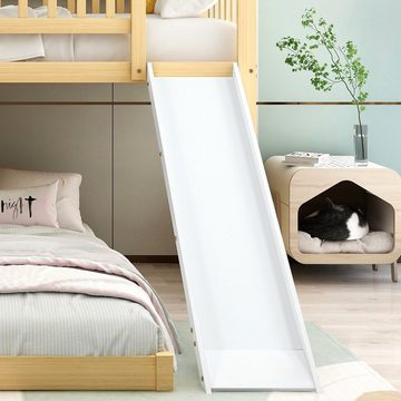 WISHDOR Kinderbett Jugendbett Hausbett Holzbett Doppelbett (Natur+Weiß (90x200cm) ohne Matratze), Treppe mit Stauraum, Kinderbett mit Fallschutz und Gitter