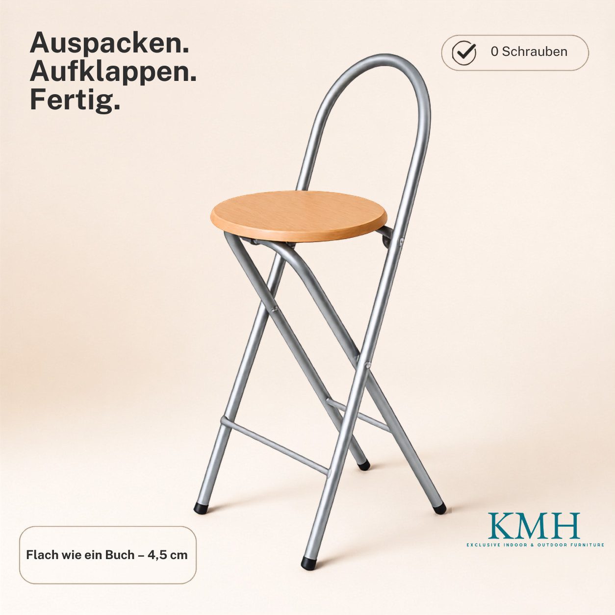 KMH Barhocker Bill klappbar mit Lehne & Fußstütze Silber Buchendekor 73 cm Küche Bar (Vormontiert geliefert–einfach auspacken, aufstellen & sofort loslegen, Platzsparend zusammenlegbar–ideal für kleine Räume, Events und Gäste), Stabiles Stahl-Rundrohrgest