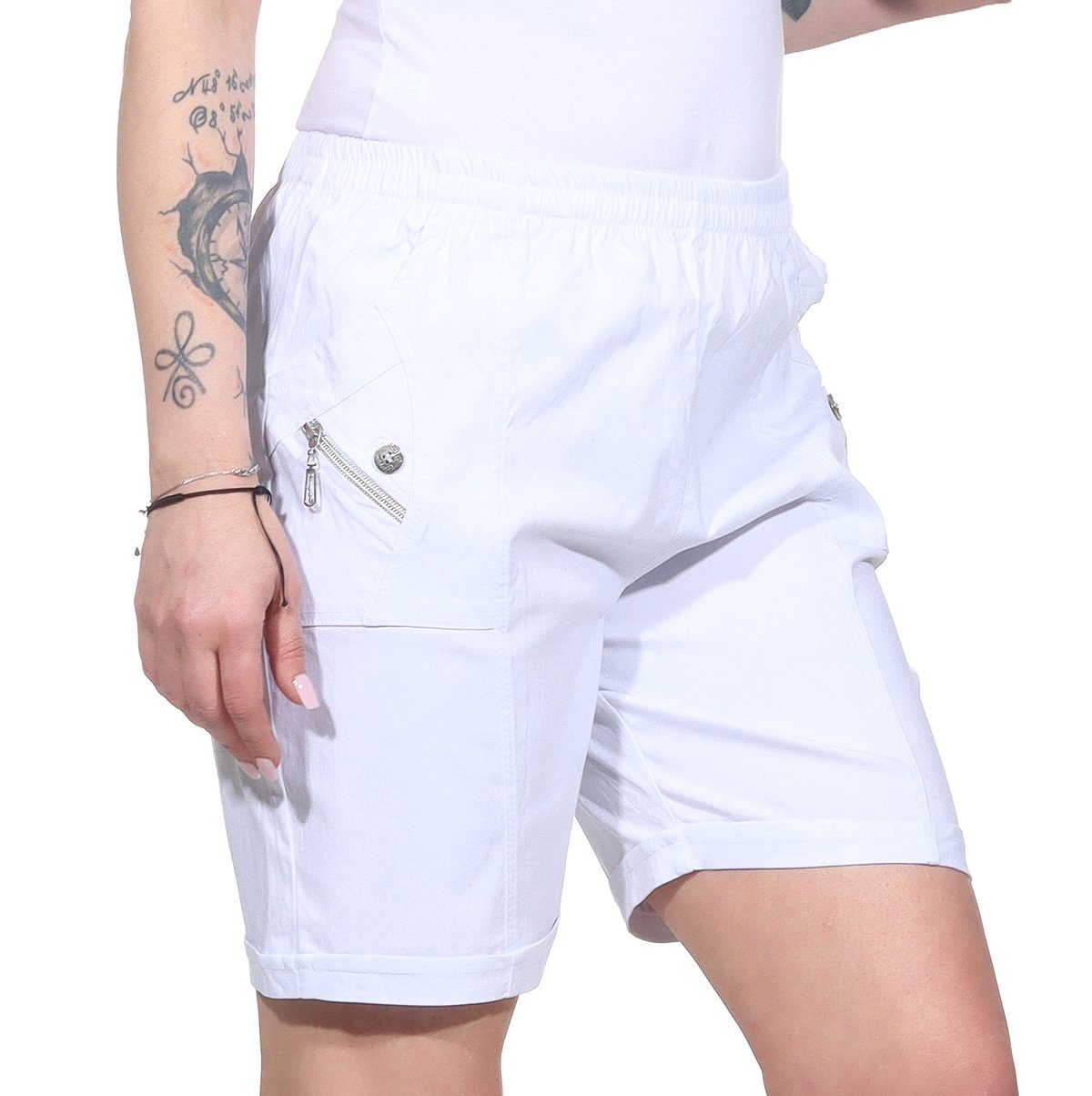 Damen Bund auch Weiß mit Shorts Sommerhose Damen erhältlich, großen elastischem Aurela Größen leichte Shorts Kurze in Damenmode Strandshorts