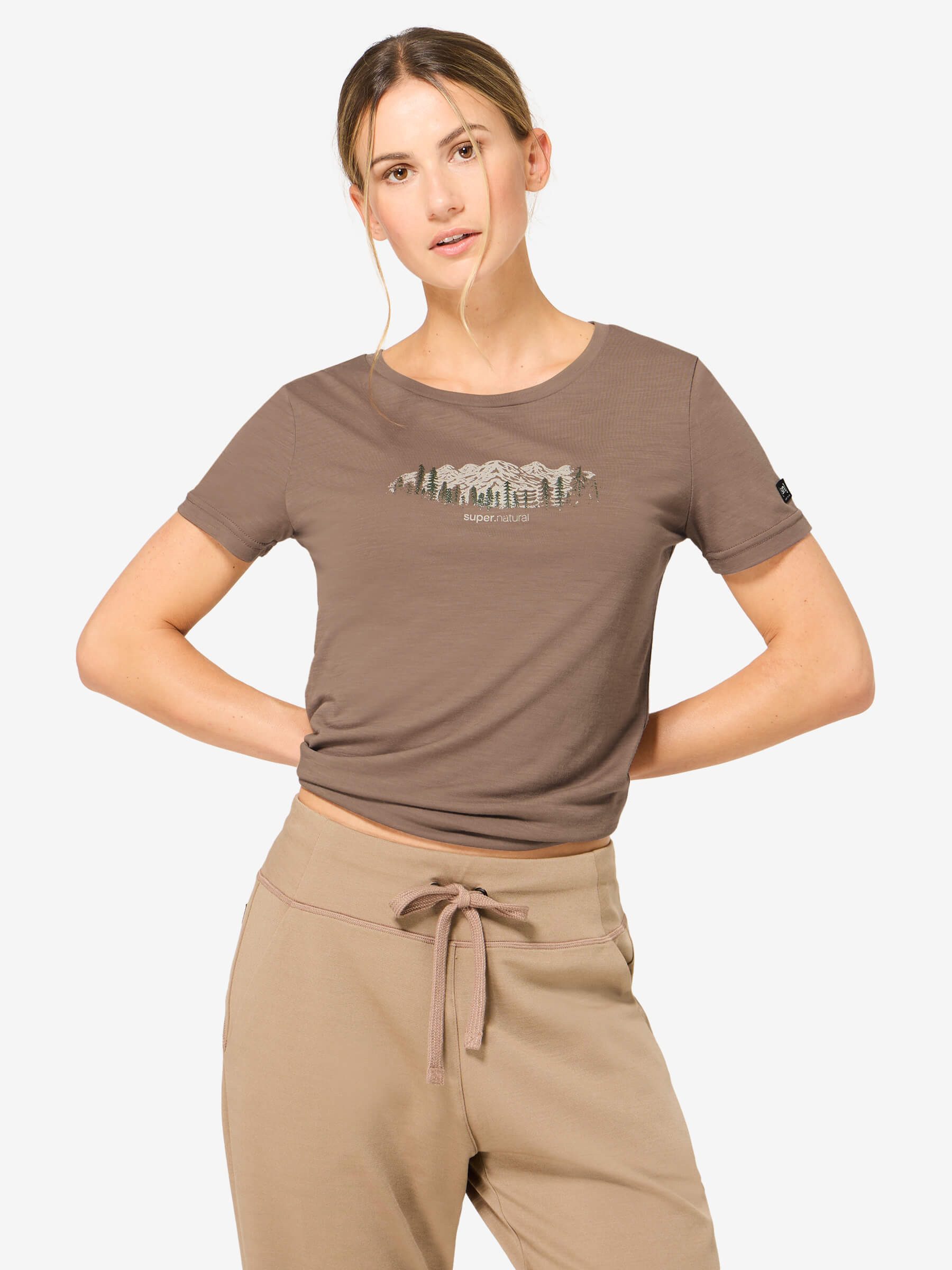 SUPER.NATURAL Print-Shirt für Damen, Merino W CANADIAN WOODS TEE mit Berg-Motiv, atmungsaktiv