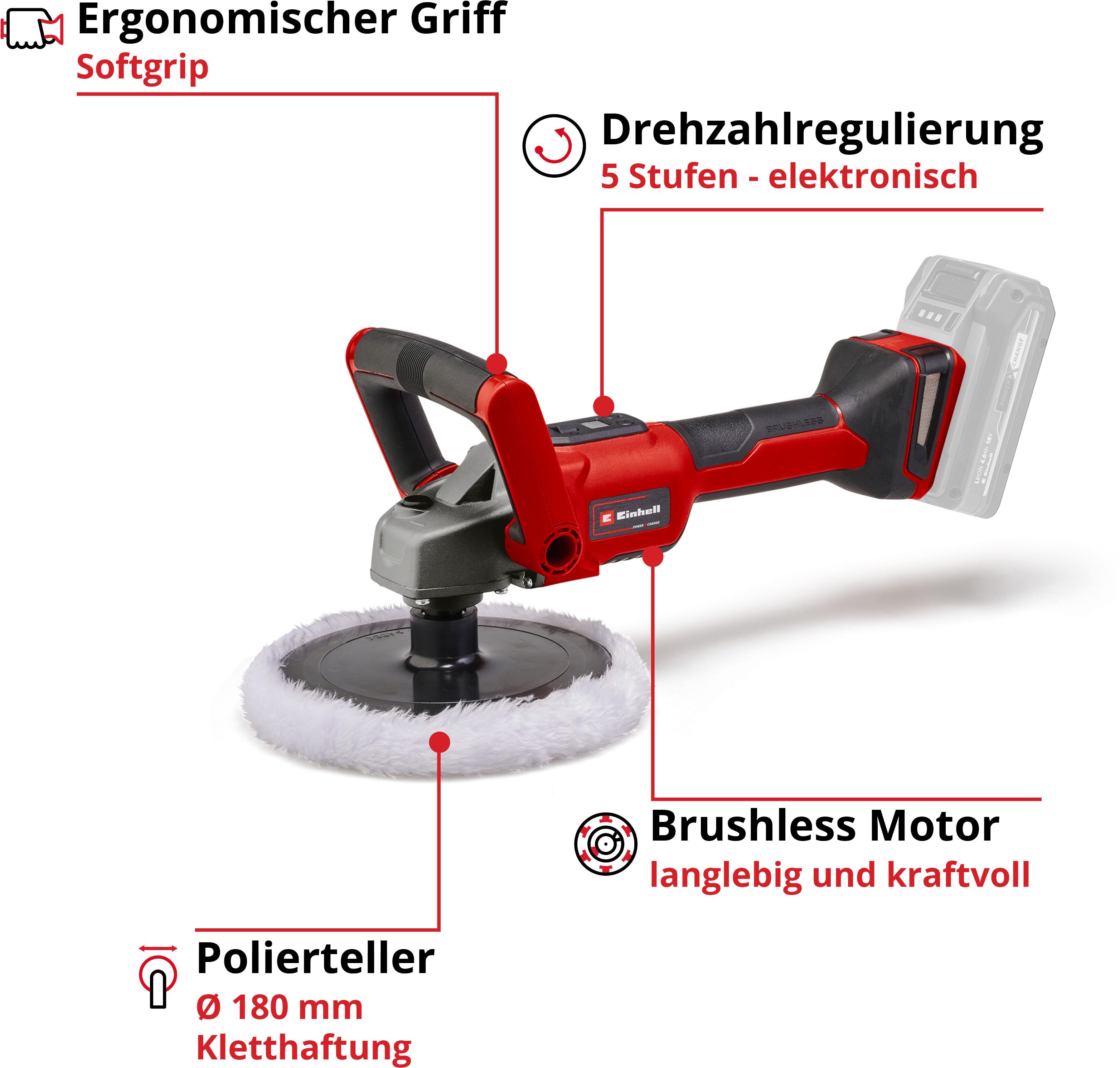 Einhell Akku-Poliermaschine CE-CP 18/180 Li E-Solo, Power X-Change, ohne Akku und Ladegerät