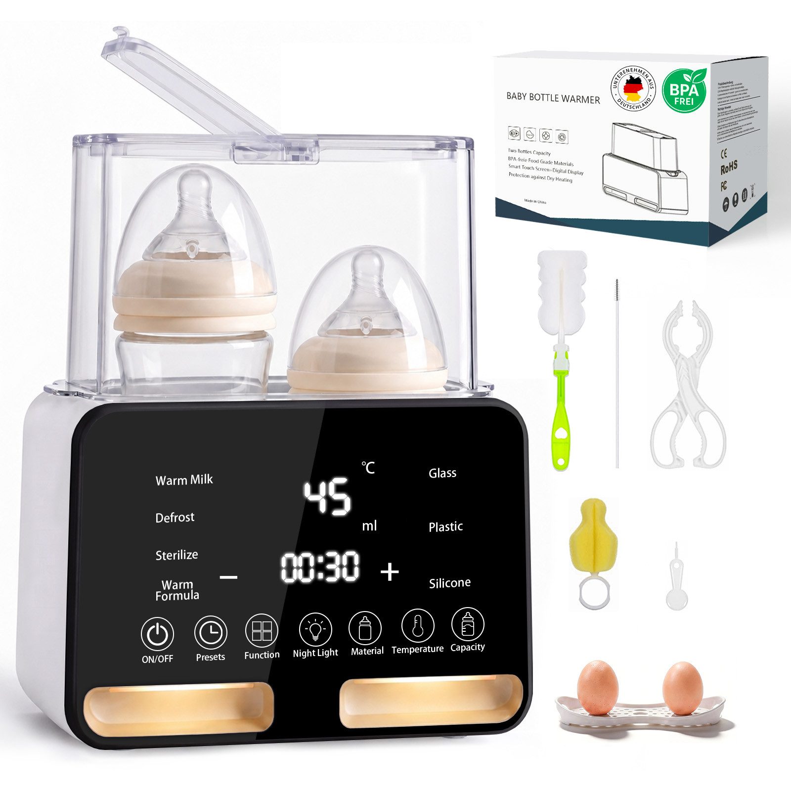 SWGOTA Babyflaschenwärmer 2026 Neuer 12-in-1 Babyflaschenwärmer Sterilisator 2 Flaschen BPA-frei, Für 30–300 ml,PTC-Schnellheizung,48H Warmhalten,Nachtlicht,1–24H Timer