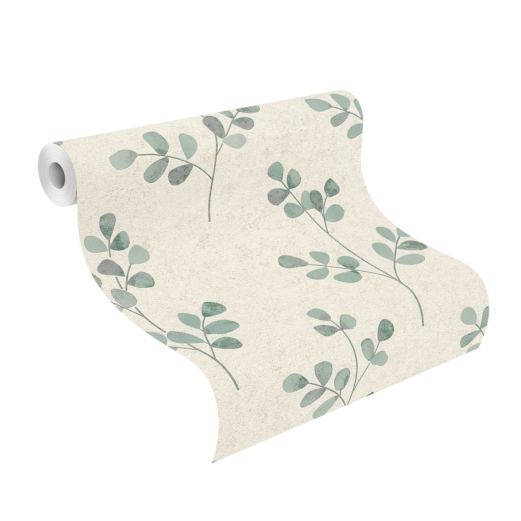 Rasch Vliestapete Blätter & Zweige - Vliestapete Beige Grün, floral, Putzoptik, (1 Rolle, 1 St., 10,05 m x 0,53 m), Lichtbeständige Farben - Feucht abwischbar - Restlost abziehbar