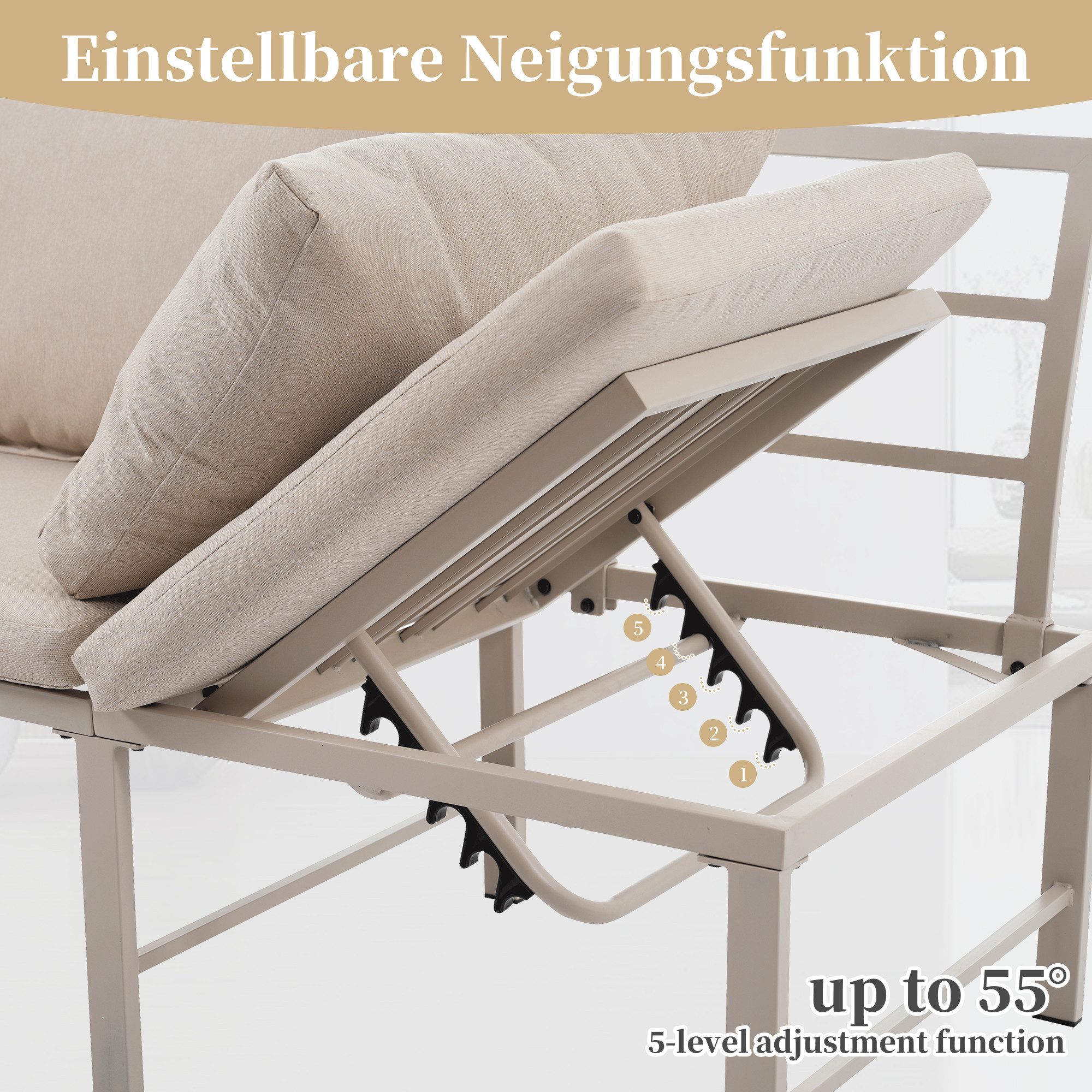Flieks Gartenlounge-Set, 3-Sitzer Gartenmöbel mit 5-stufig-verstellbarer Neigungsfunktion