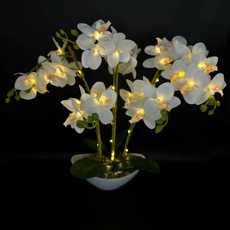 Kunstpflanze Künstliche Blumen, Pflanzen im Topf mit 50 LEDs beleuchtet - Orchideen, Online-Fuchs, - 6-Stunden-Timerfunktion