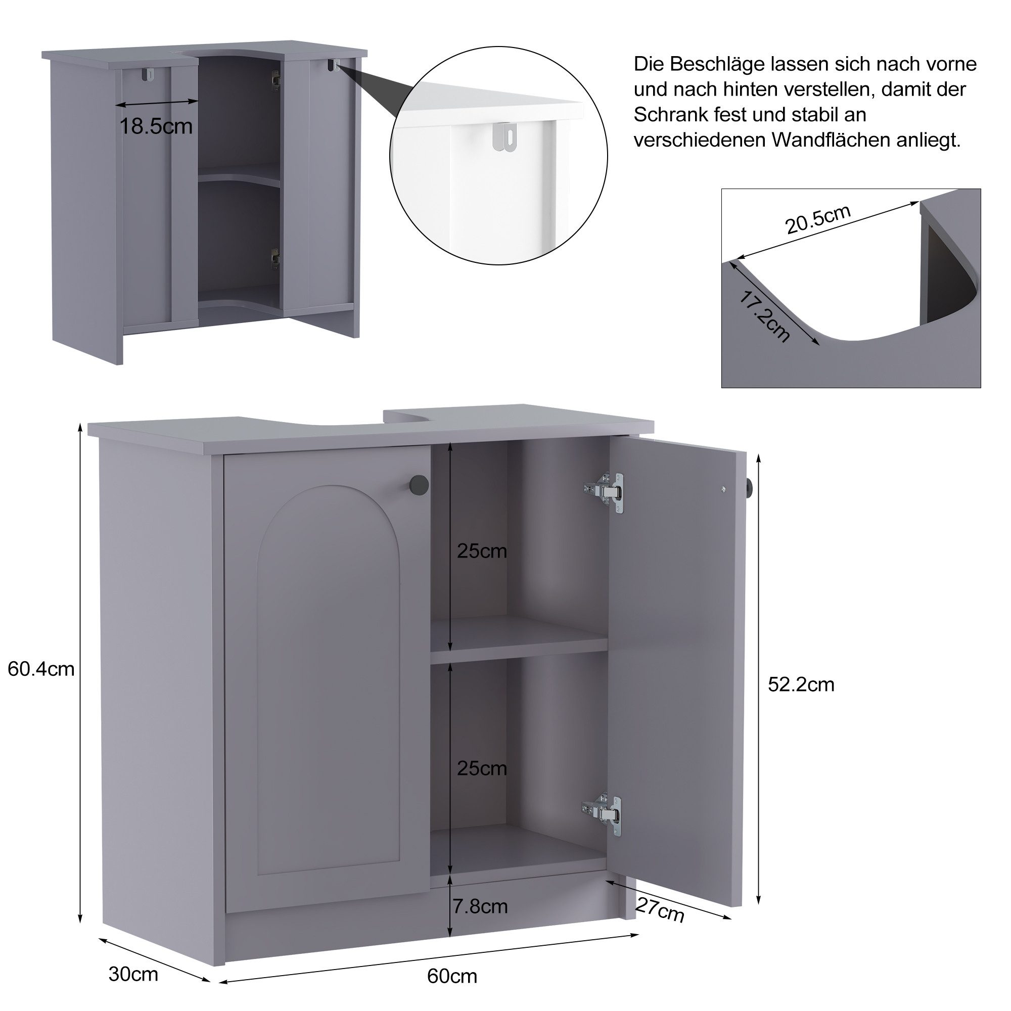 radelldar Waschbeckenunterschrank mit 2 Türen & einem offenen Fach, 60x60x30 cm (1-St) – Bild 2 von 5
