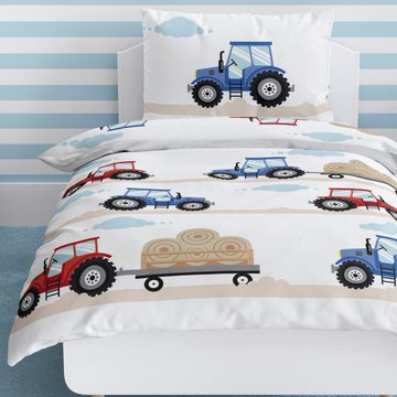 Babybettwäsche Traktor 100x135 + 40x60 cm, 100 % Baumwolle, MTOnlinehandel, Biber, 2 teilig, soft und kuschelweich für Babys und Kleinkinder