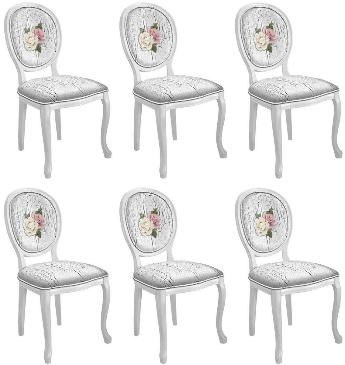 Casa Padrino Esszimmerstuhl Barock Esszimmerstuhl Set Rosen Antik Weiß / Mehrfarbig / Weiß - 6 Handgefertigte Küchen Stühle im Barockstil - Barock Esszimmer Möbel