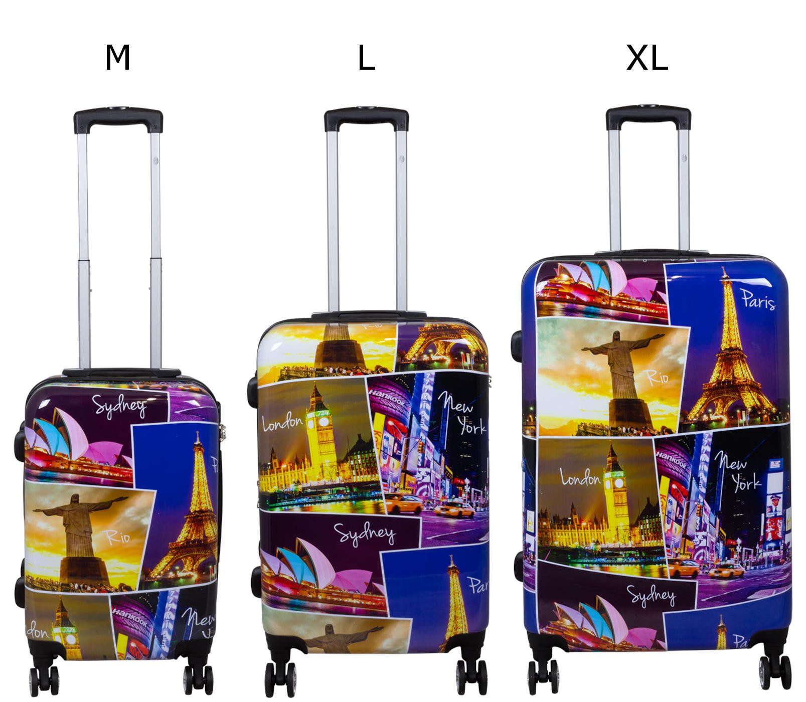 Warenhandel König Trolleyset Five Cities, 4 Rollen, (Gr. M, L und XL, 3 tlg., Hartschalen Trolley Set), mit Motiv, Dehnfalte zur Vergrößerung des Packvolumens