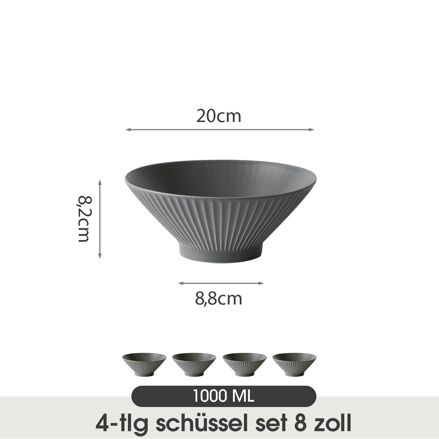 JIWOO Schüssel 4er Ø20cm, Japanische Ramenschüssel Suppenschüssel bowl Pastaschüssel, Keramik, (Schüsselset, 4-tlg), Hochwertiges Schüsseln Schwarz Schüssel Mikrowellenofen Spülmaschine