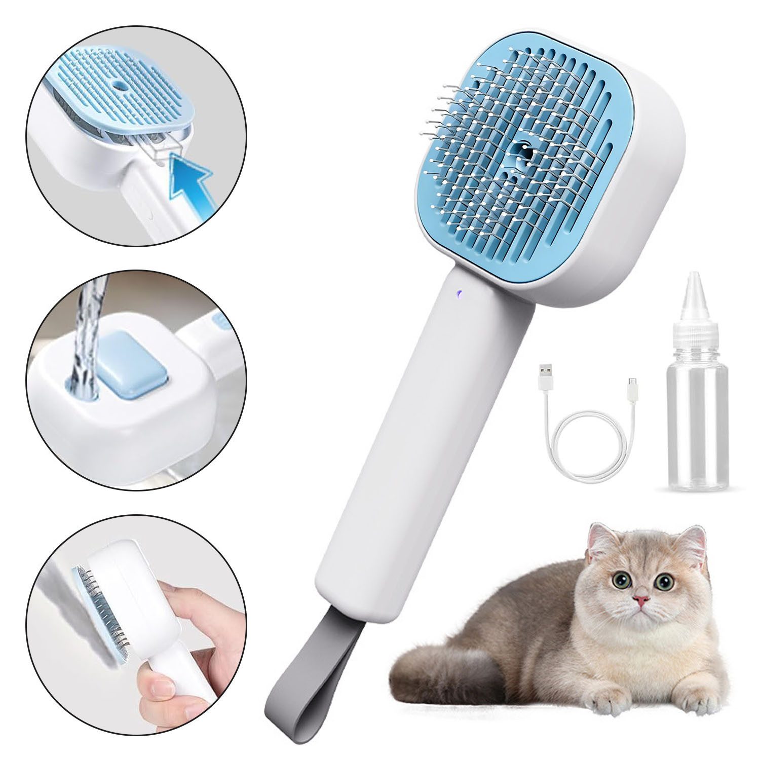 AIMAX Fellbürste Katzenbürste mit Dampf Multifunktionale Katze Steamy Brush, (Auslöseknopf USB aufladbar), mit Spray Große Kapazität Wassertank Dampfbürste Katze von AIMAX