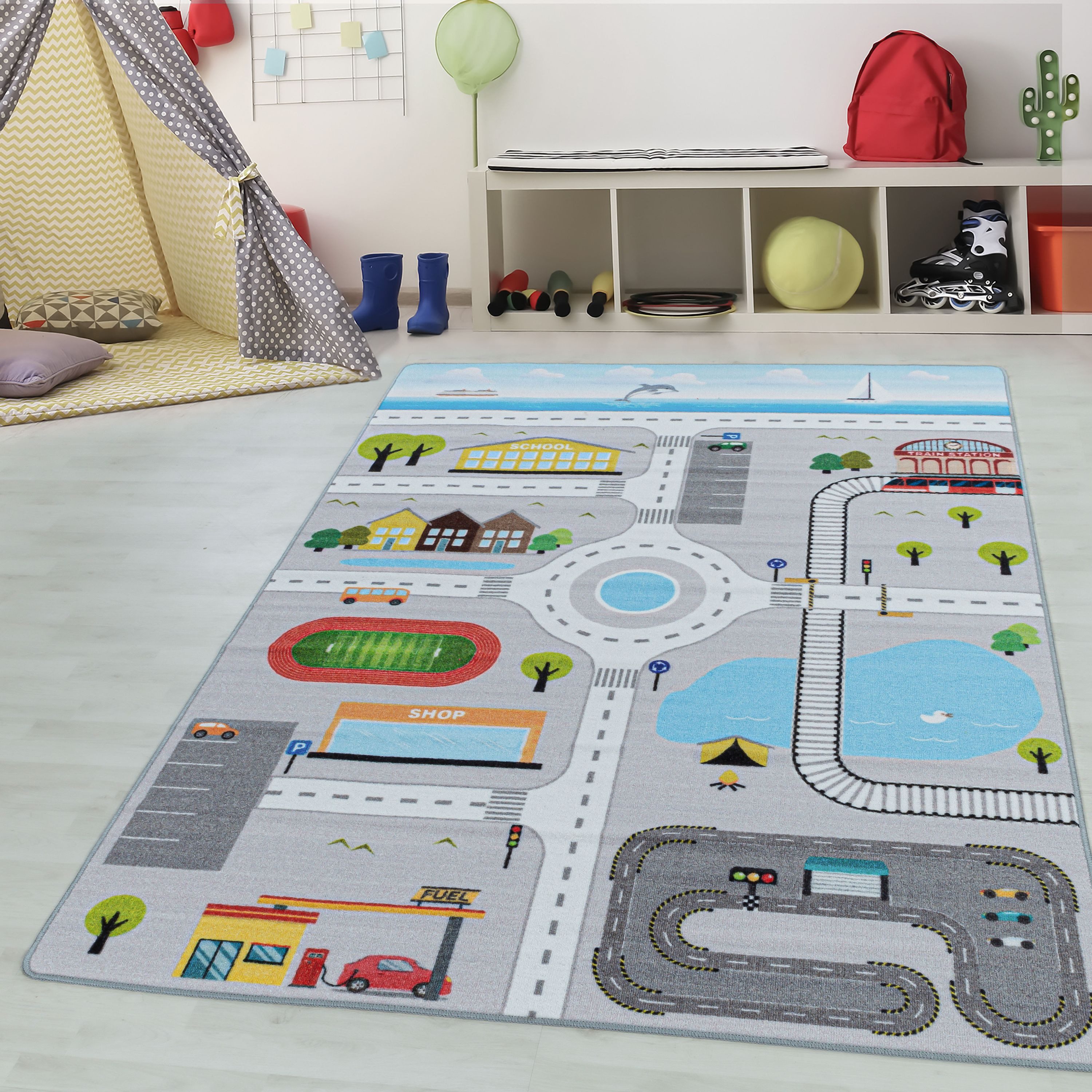 Teppium Teppich Straßenteppich, Rechteckig, Höhe: 7 mm, Kinderteppich Straßenteppich Teppich Kinderzimmer Rutschfest Waschbar