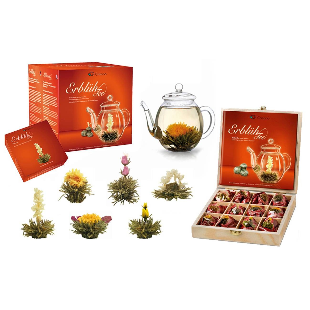 Creano Tee Creano 18x "ErblühTee" Weißtee in Teekiste mit Glaskanne 500ml, 1 x 18 St.