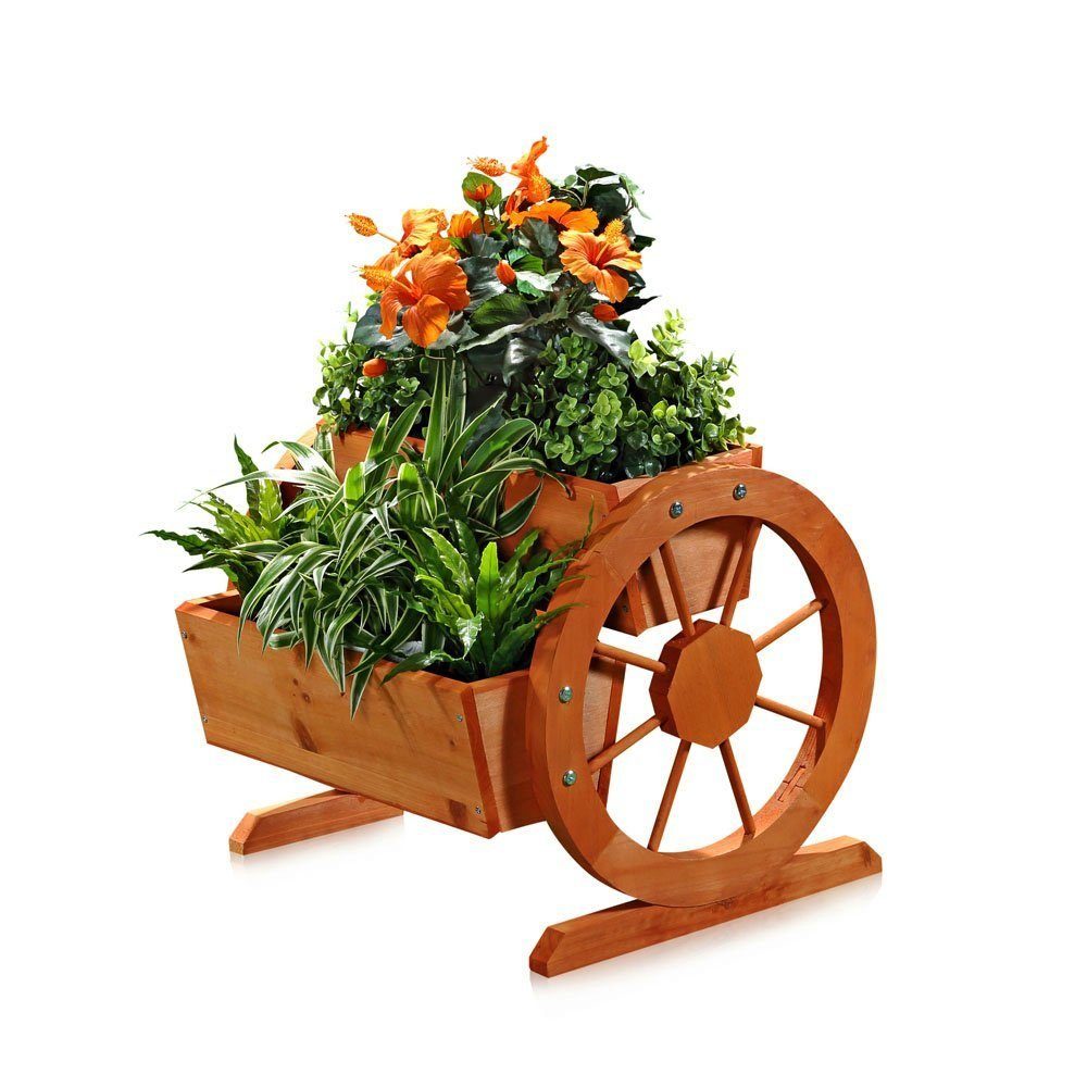 Melko Pflanzkübel Pflanzkübel Blumentrog Dekoration Aufstellen einer einem oder Gartentisch Garten dem (Stück), Boden, Wagenräder Mauer auf Holz Zum