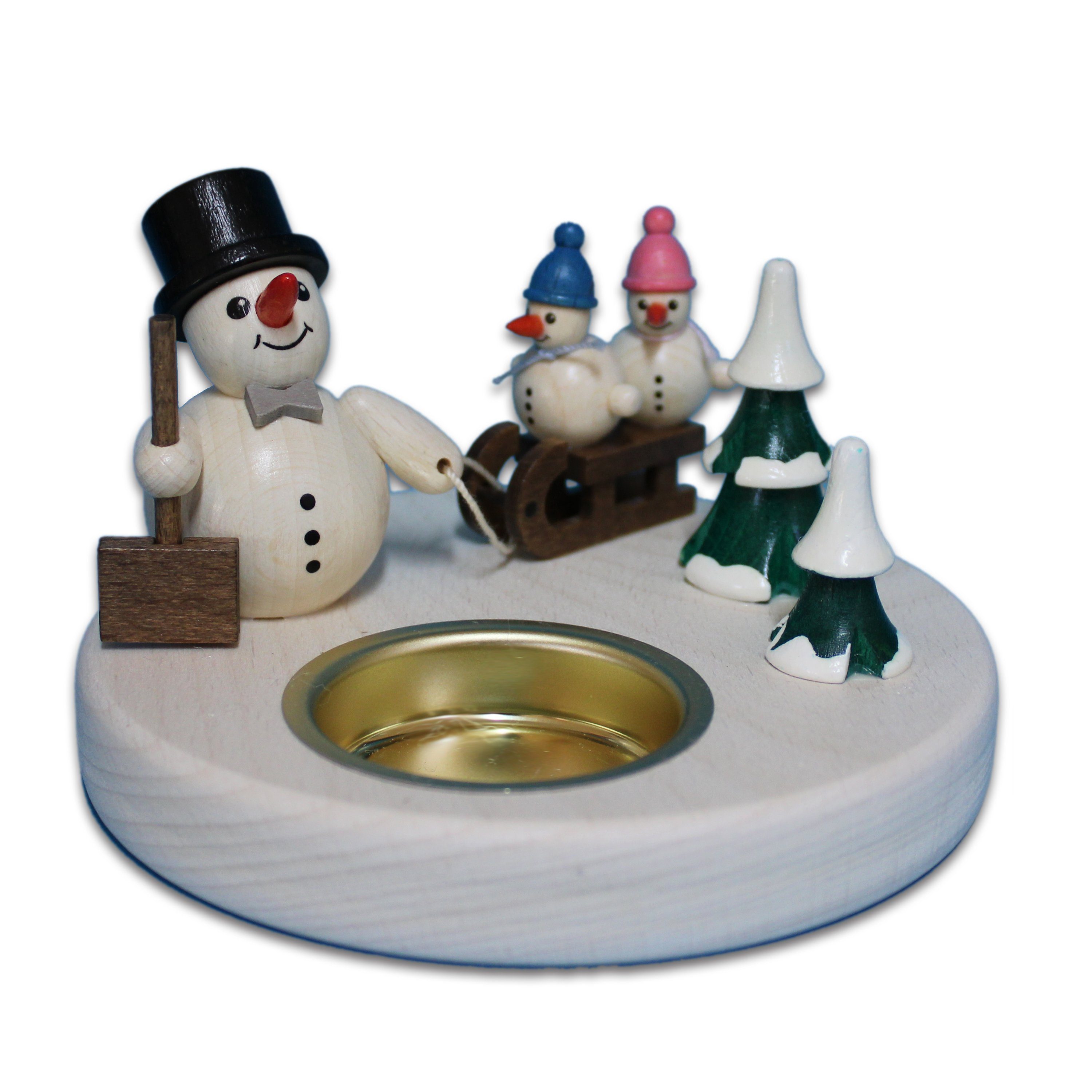 Holzwaren Egermann Teelichthalter Schneemannleuchter Schlitten - 11cm, mit süßem Schneemann mit 2 Kindern - Made in Germany