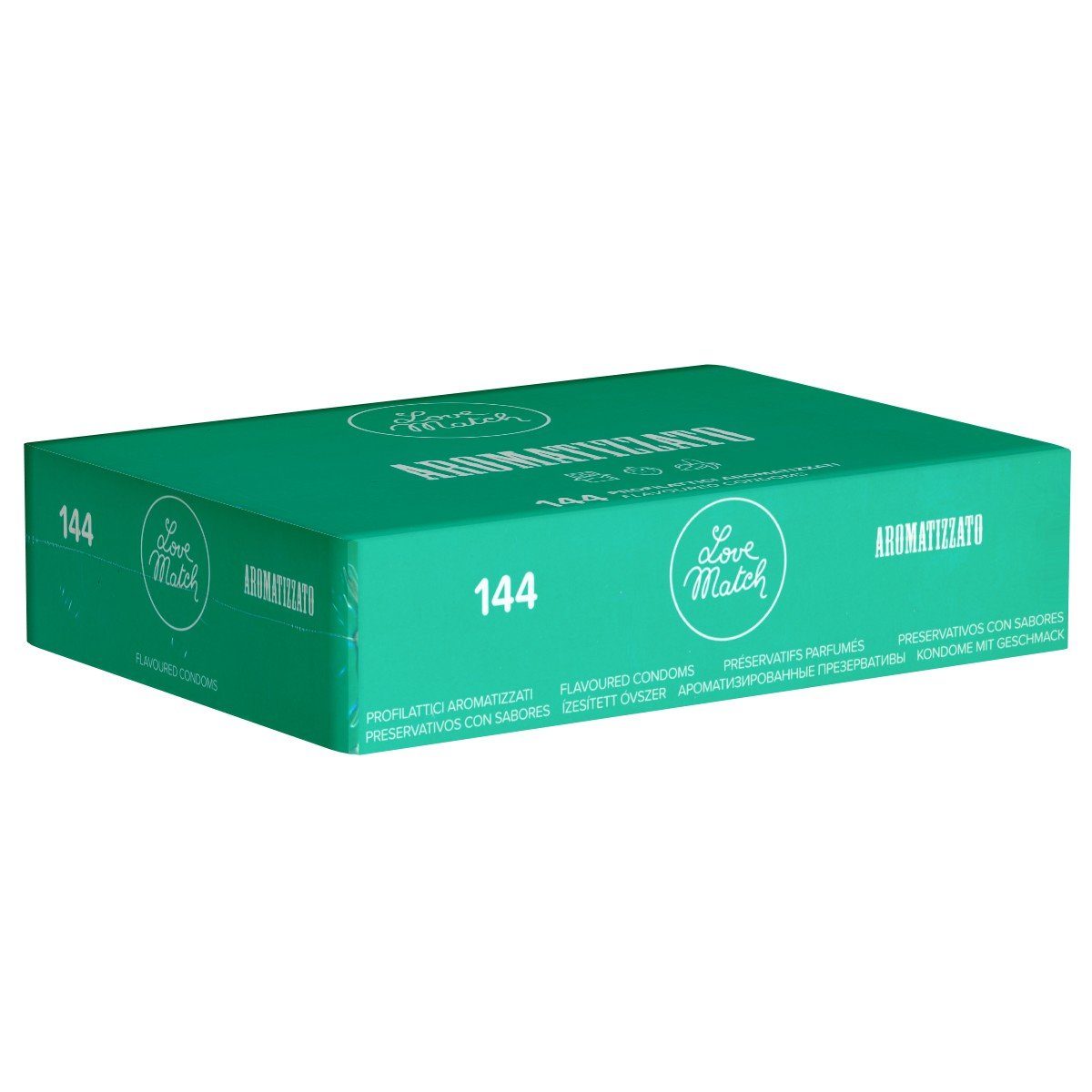 Love Match Kondome Aromatizzato Packung mit, 144 St., italienische Kondome mit Geschmack, Retro-Design, bunte, aromatisierte Kondome in der Vorratsbox