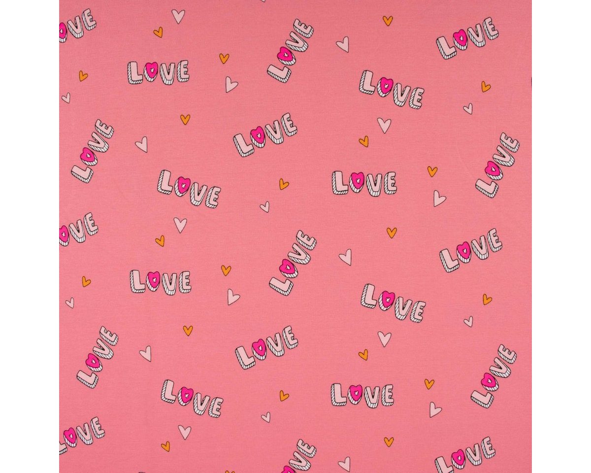 Thumbnail - SCHÖNER LEBEN. Stoff Baumwolljersey Jerseystoff NEON LOVE Schrift Herzchen rosa pink 148cm, allergikergeeignet