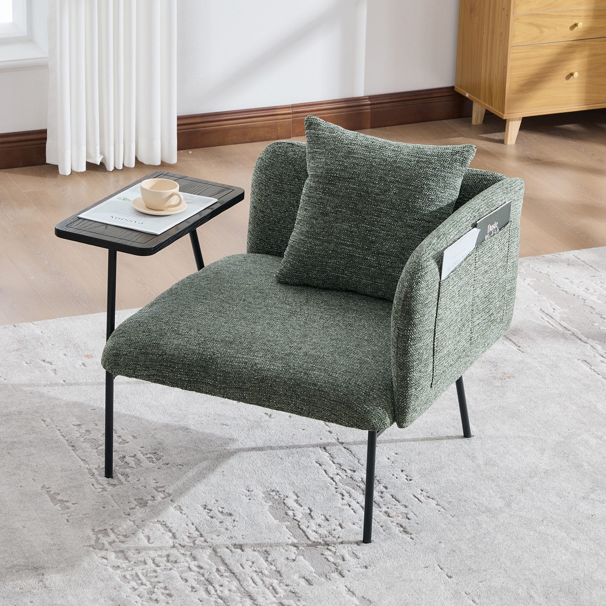 STILVORA Relaxsessel mit Beistelltisch Moderner Einzelsessel mit Seitentaschen (Einzelsessel Set, Stauraum, modern, Sessel + Tisch, dunkle Holzoptik, Metallrahmen, kompakt), ergonomisch, stabil, platzsparend, komfortabel, pflegeleicht