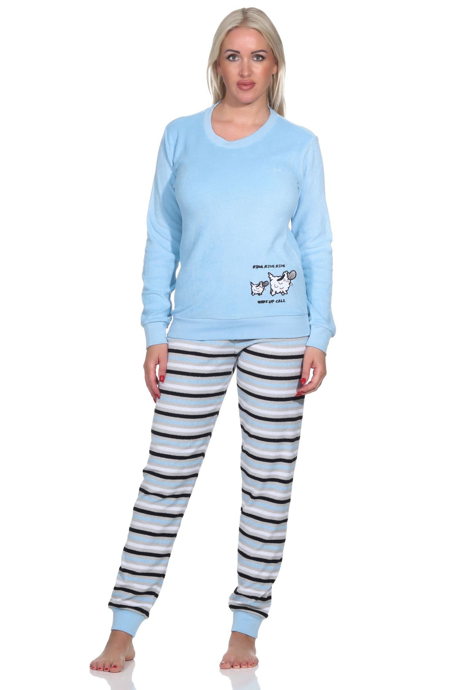Normann Pyjama Damen Frottee Pyjama, Hose gestreift, Oberteil mit süssen Tiermotiv blau