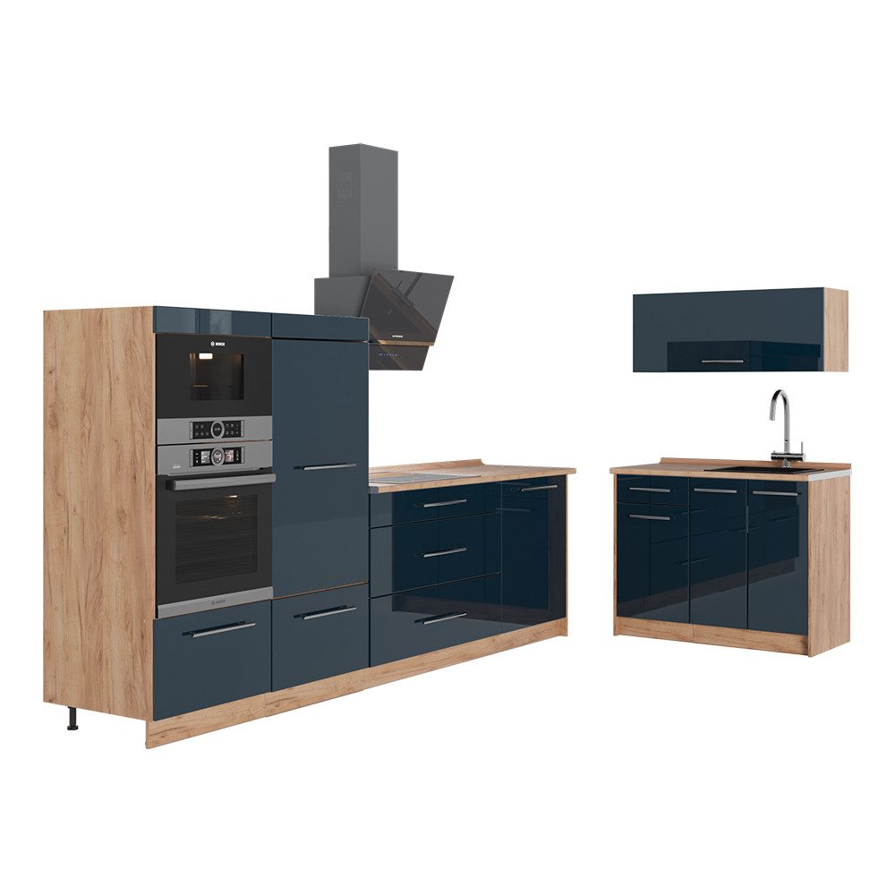 Vicco Küchenzeile Fame-Line, Dunkelblau Hochglanz/Goldkraft Eiche, 380 cm, AP Eiche