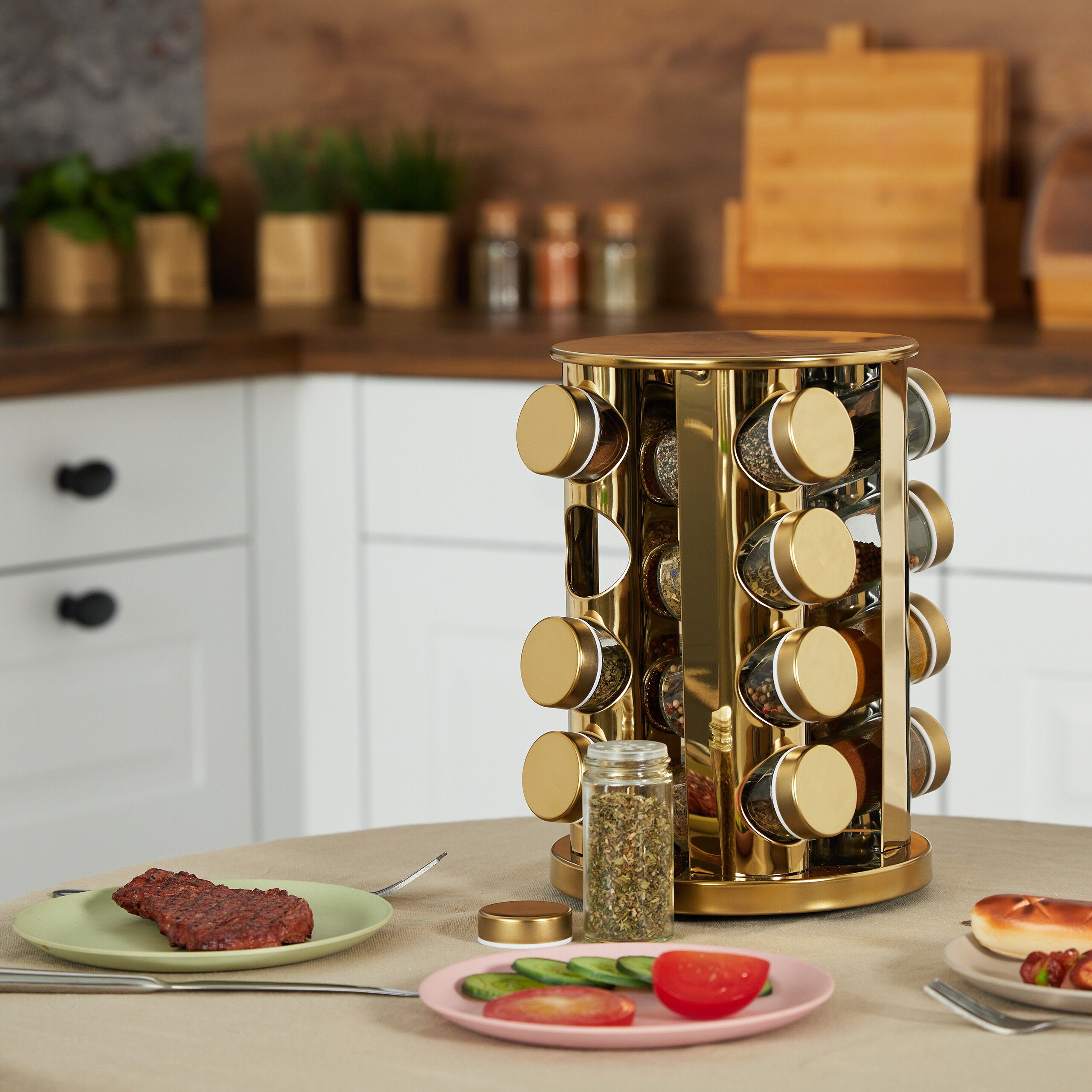 relaxdays Gewürzkarussell Goldenes Gewürzkarussell mit 16 Gläsern