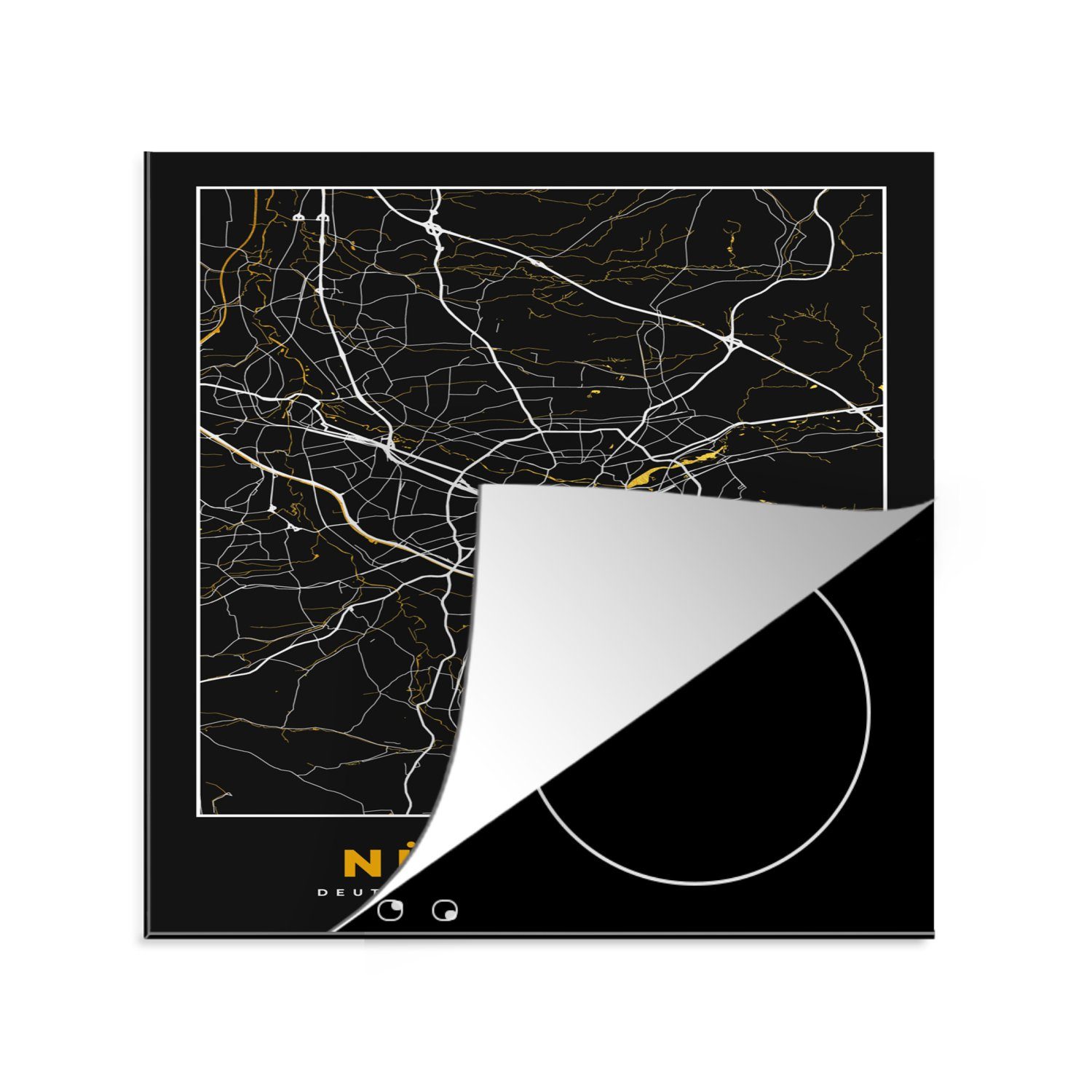 MuchoWow Herdblende-/Abdeckplatte Nürnberg - Stadtplan - Karte - Gold - Deutschland, Vinyl, (1 tlg), 78x78 cm, Ceranfeldabdeckung, Arbeitsplatte für küche