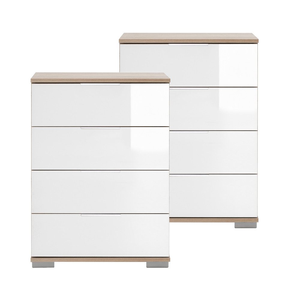 Lomadox Nachttisch ELSTRA-43, Eiche sägerau Nb. mit weißem Glas 52/74/38 cm