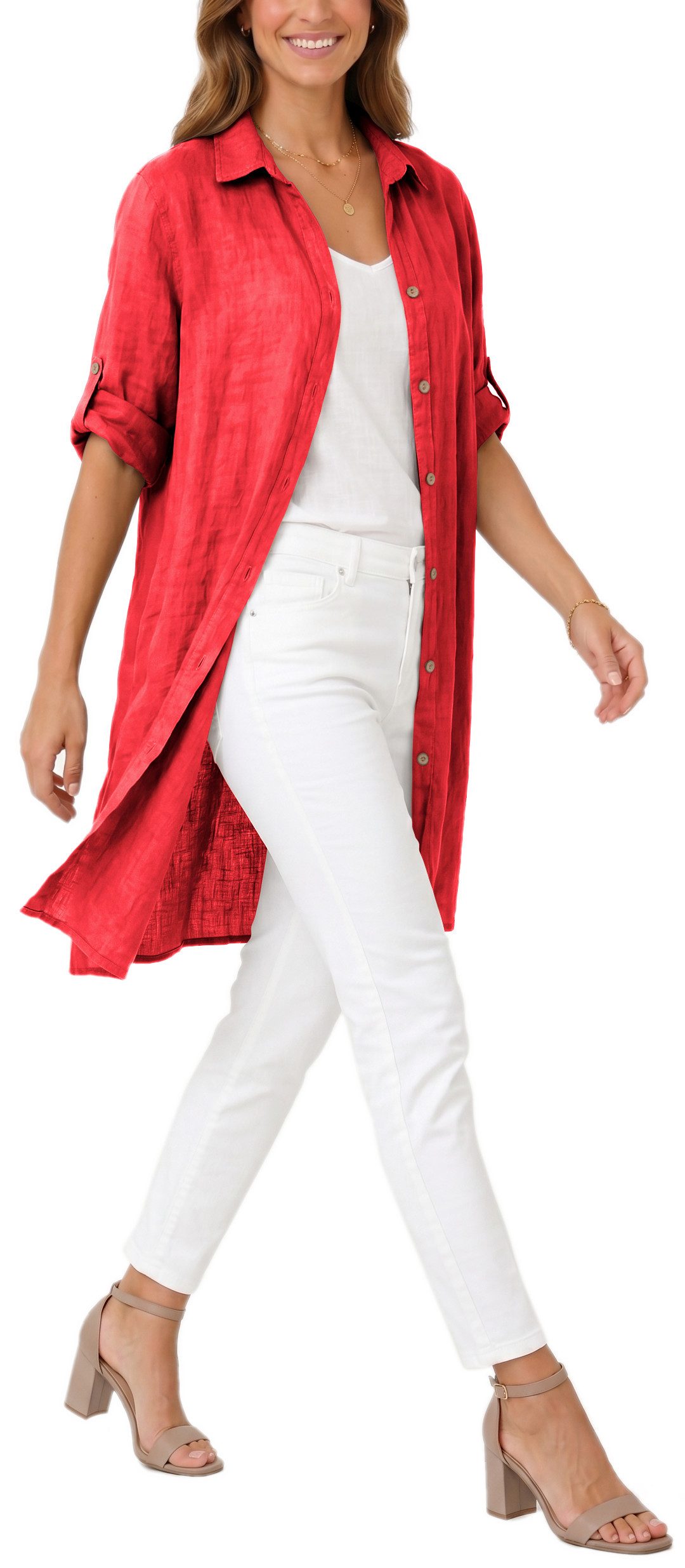 dy_mode Longbluse Damen Leinen Longbluse Sommer Hemdbluse Blusenkleid Luftige Tunika in Unifarbe, mit Knopfleiste