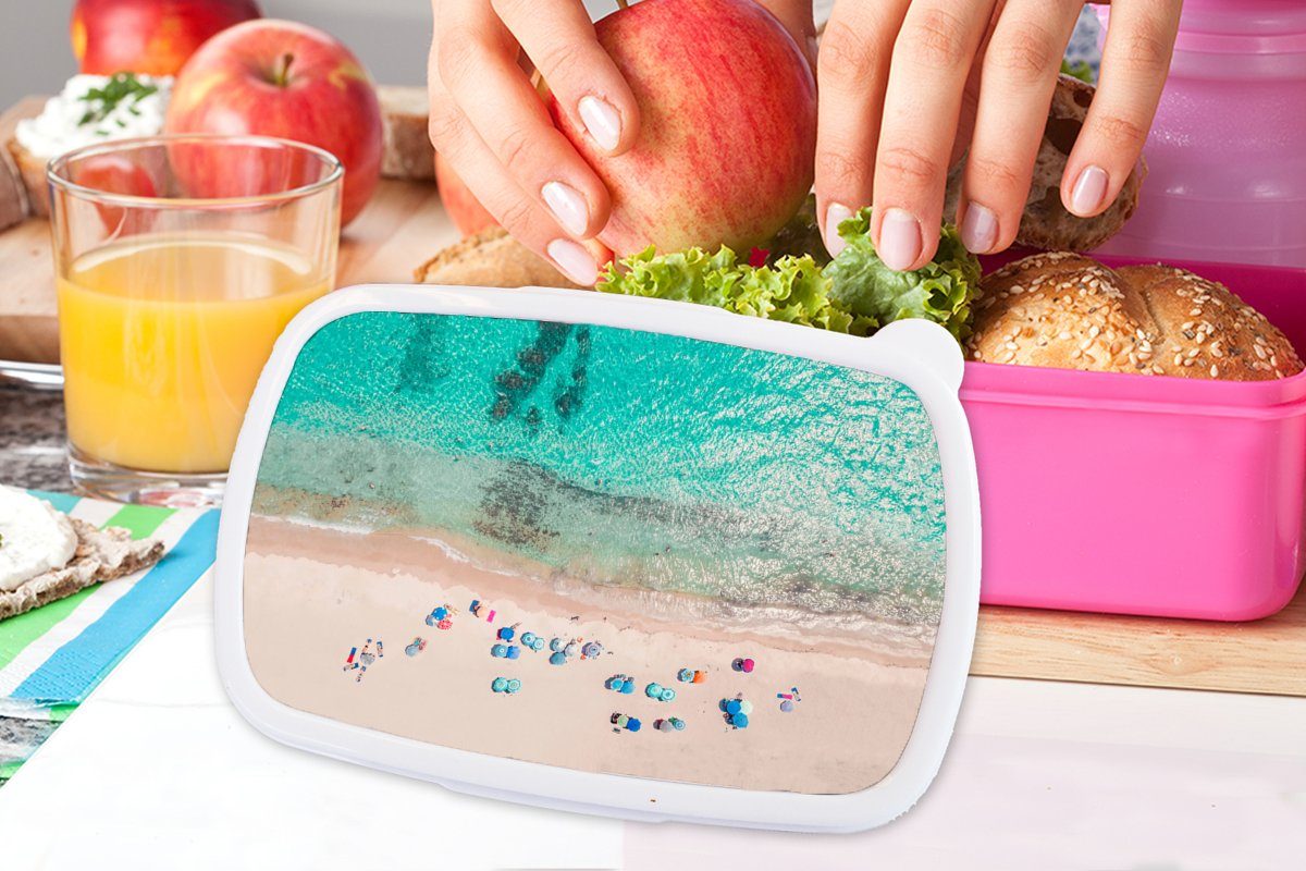 Kunststoff, - Lunchbox Sonnenschirme - MuchoWow für Brotdose Mädchen, Blau, rosa Meer - Kunststoff - Erwachsene, Strand Snackbox, Sommer Brotbox Kinder, (2-tlg),