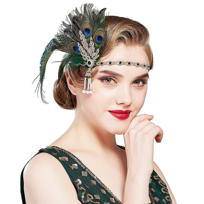 Housruse Diadem 1920er Haarband Strass Blattmuster mit Feder Damen 20er Jahre Stil