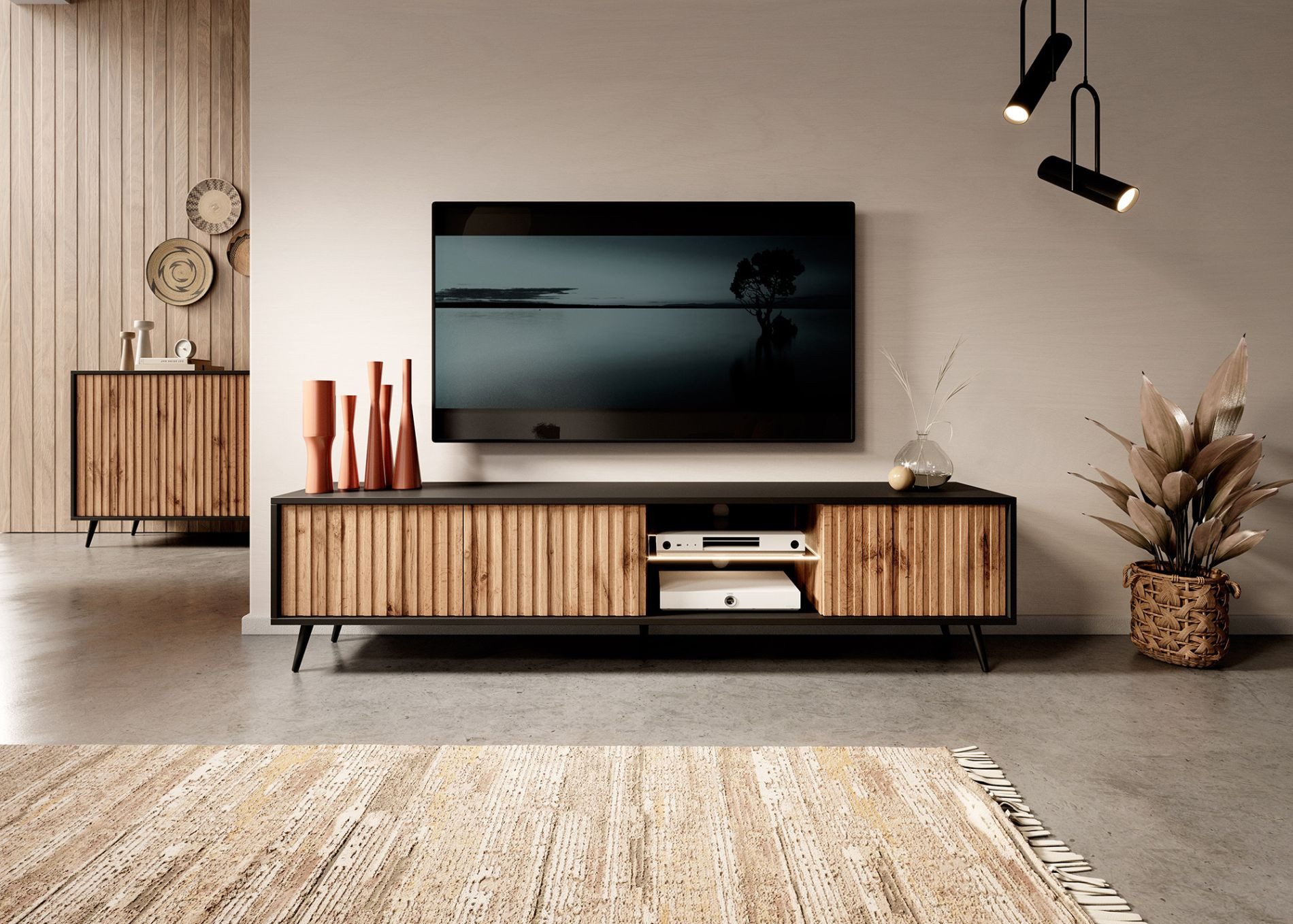 Selsey TV-Schrank BELLO mit schwarzen Füßen, Lamellenfronten und LED, 175 c günstig online kaufen