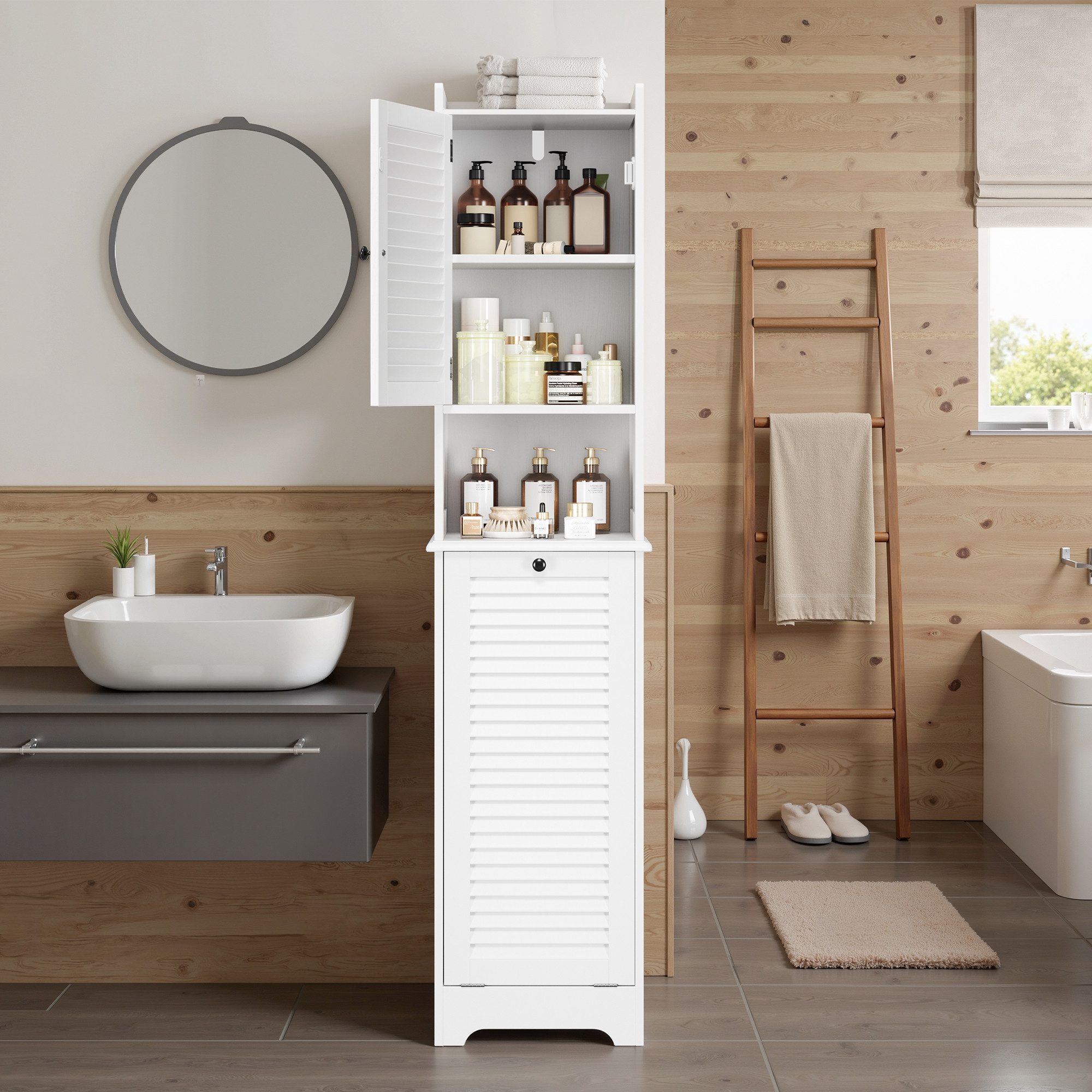 Bealife Badkommode Badezimmerschrank mit ausklappbarem Wäschekorb – Bild 4 von 5