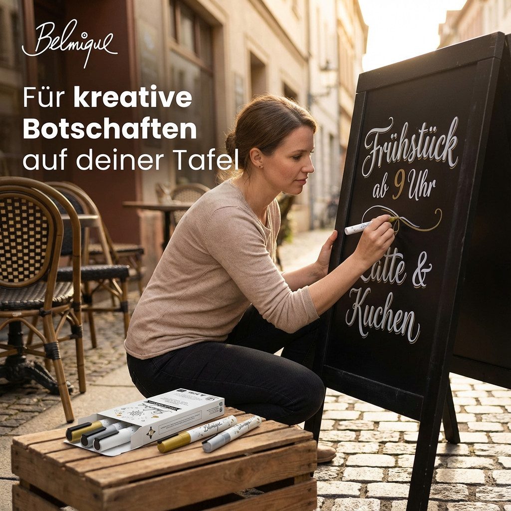 Belmique Malkreide Kreidemarker, (3er Pack, 8-tlg., Ideal als Kreidestifte, Tafelstifte, Folienstifte, Fensterstifte), Gold, Silber, Weiß - Abwischbar auf glatten Oberflächen