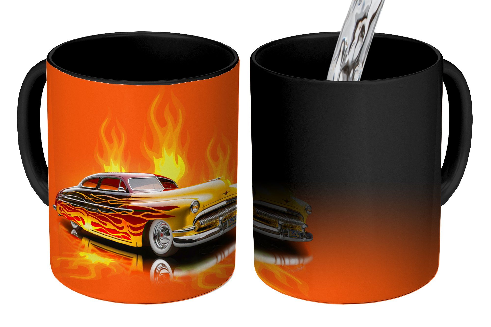 Geschenk - Keramik, Auto Orange Kaffeetassen, Teetasse, - - Tasse Feuer - Flammen Zaubertasse, Farbwechsel, Vintage, MuchoWow