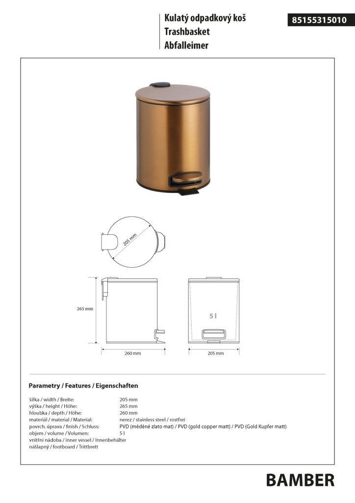 BRILLANTBAD® Mülleimer BAMBER Abfalleimer Edelstahl Gold Kupfer matt Bad Küche >> Freistehend