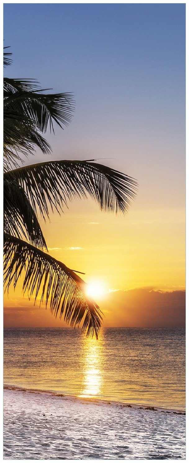 Wallario Memoboard Palme am Strand - Sonnenuntergang über dem Meer