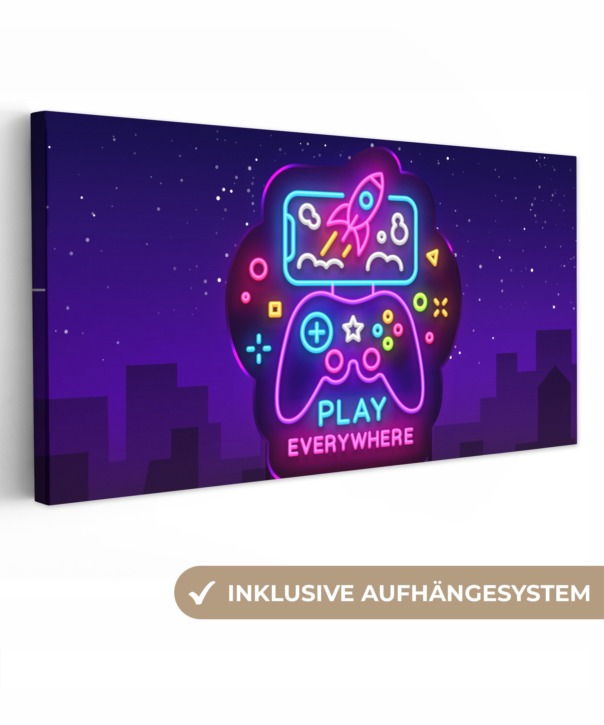 OneMillionCanvasses® Leinwandbild Panorama Gaming - Neon - Spielen - Blau - Nacht - Controller, Fotodruck (1 St), Leinwand Bilder für Wohnzimmer Schlafzimmer 60x30 cm