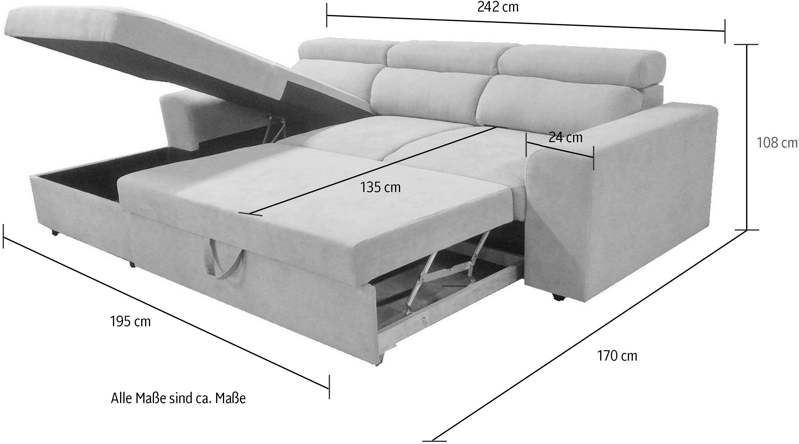 mit großzügigem und GEPADE Bettkasten Bastian, verstellbaren Schlafsofa Kopfstützen