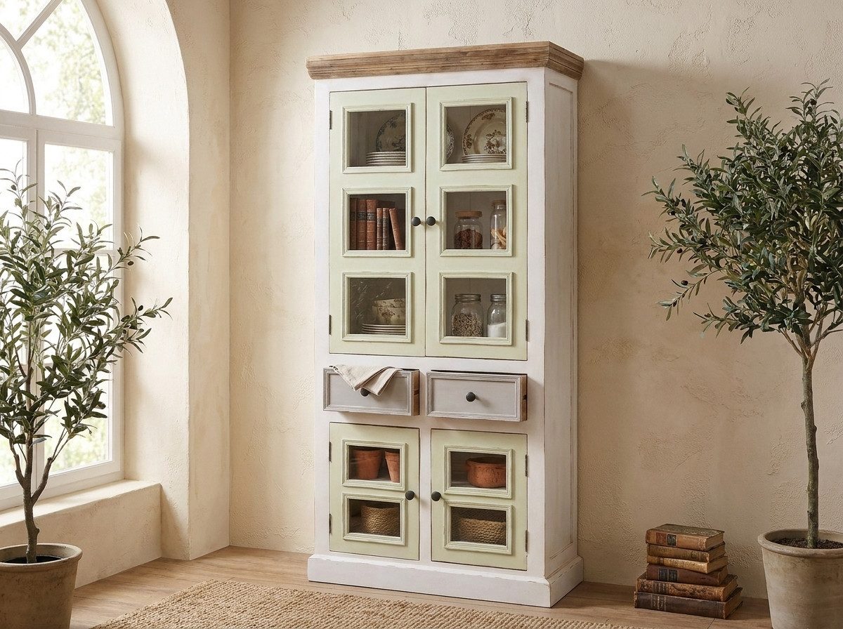 WOLF MÖBEL Sideboard (90 x 40 x 190), SIENA Vitrine 2 Glas- u. 2 Holztüren & 2 Schubladen