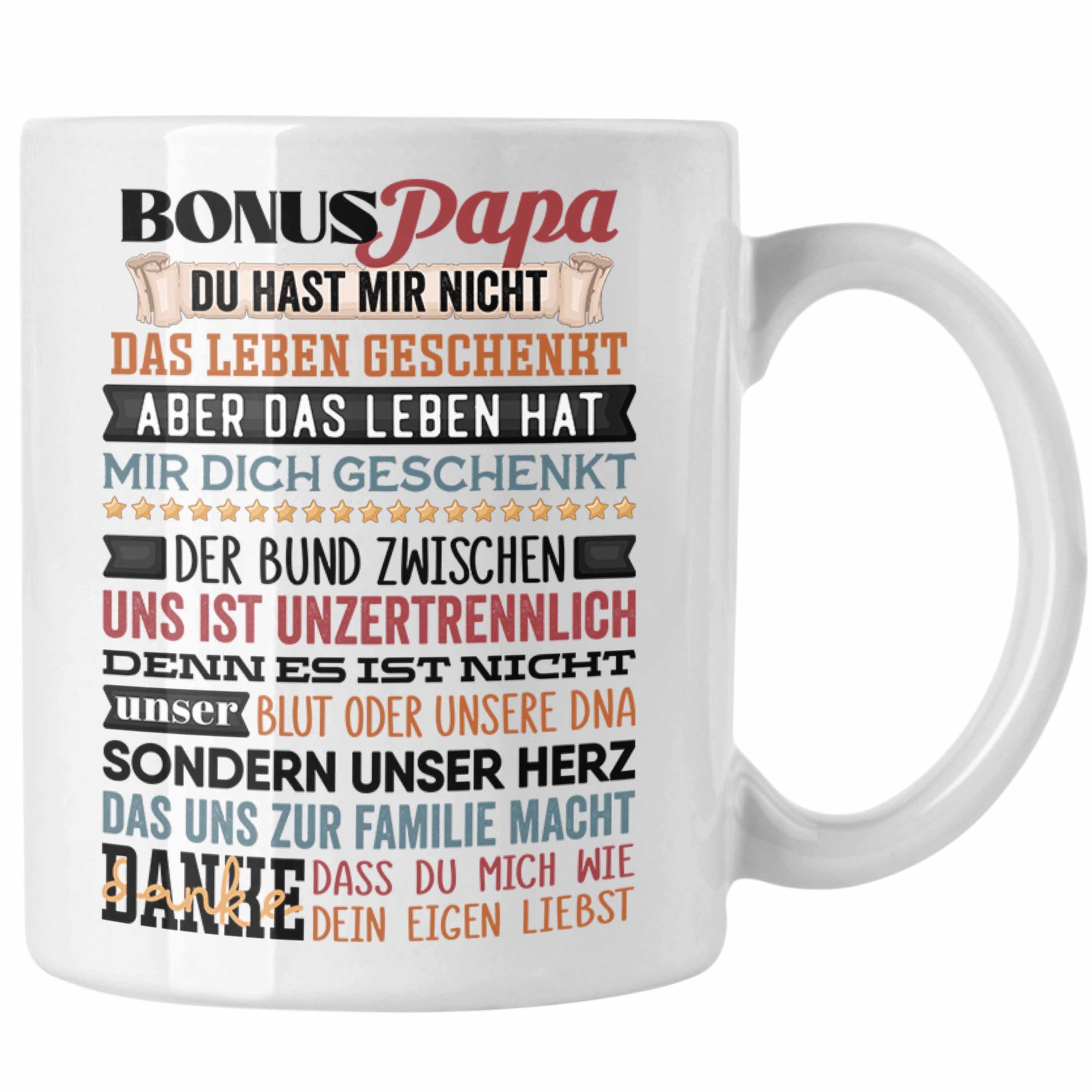 Trendation Tasse Bonus Papa Tasse Geschenk für Stiefvater Stiefpapa Geschenkidee Vatert Weiss