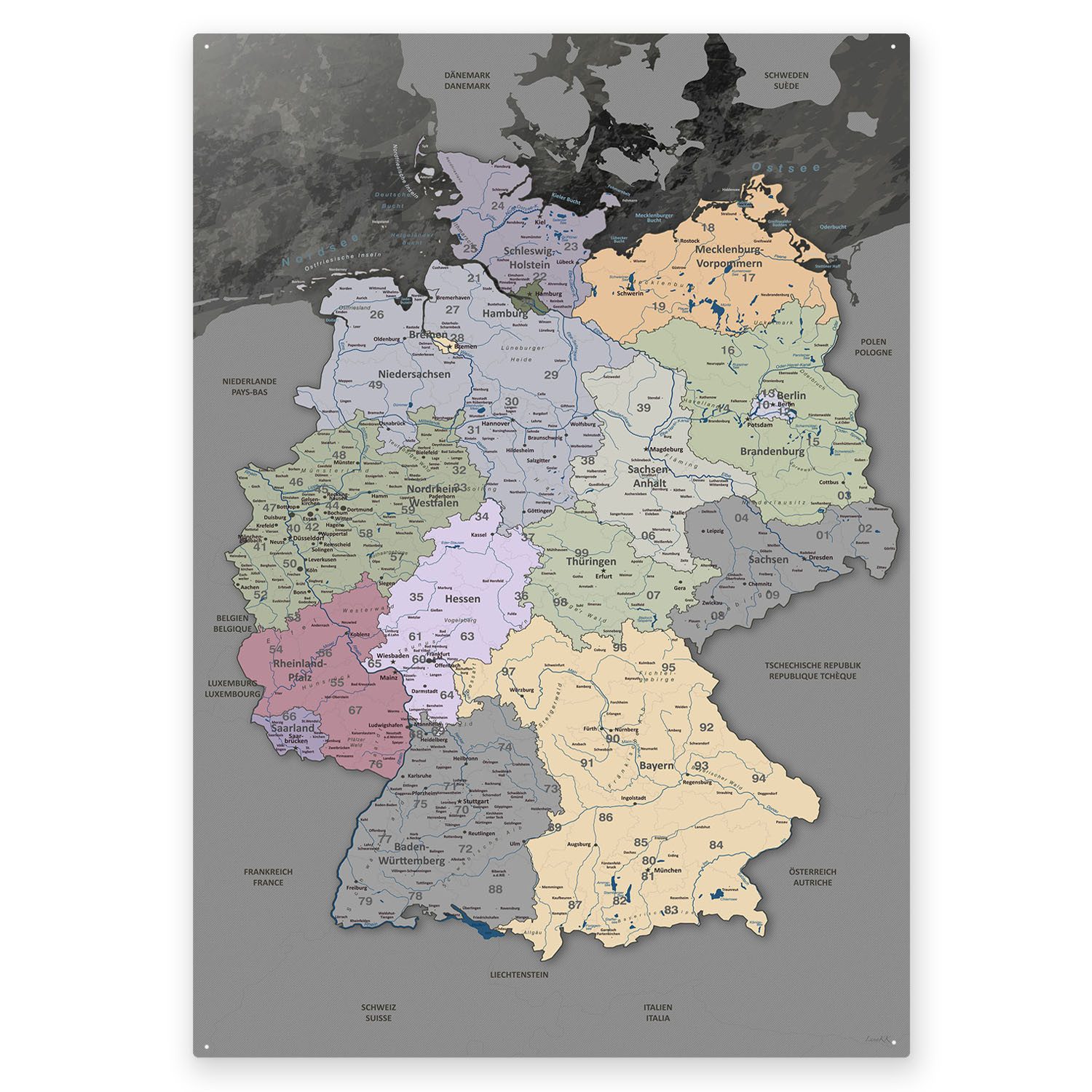 LANA KK Metallschild magnetische Deutschlandkarte Blechschild XXL, deutsche Beschriftung